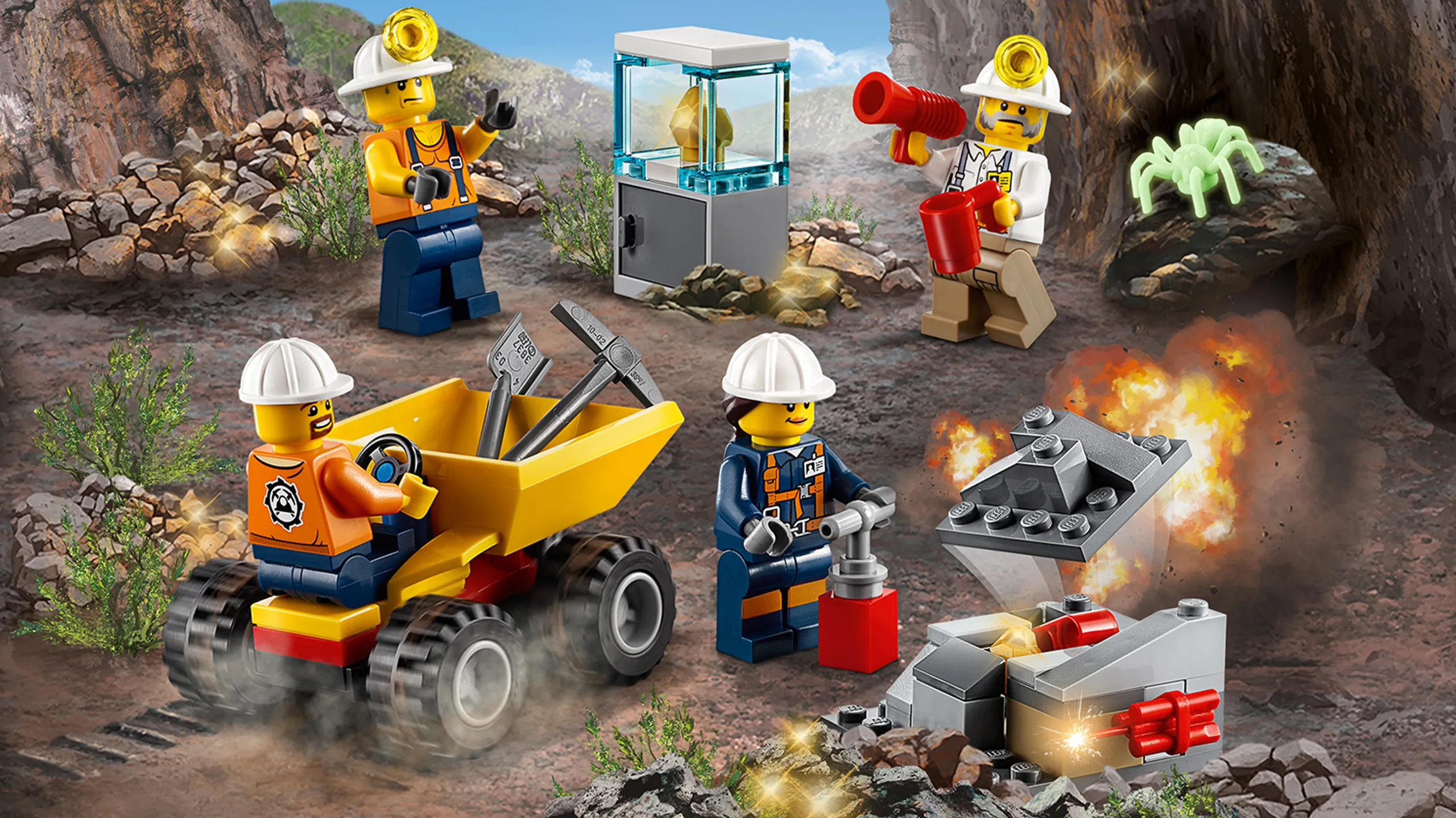 LEGO City Mining - 60148 Mining Team - The workers makes explosions and uses their tools and wheelbarrows to clean up.