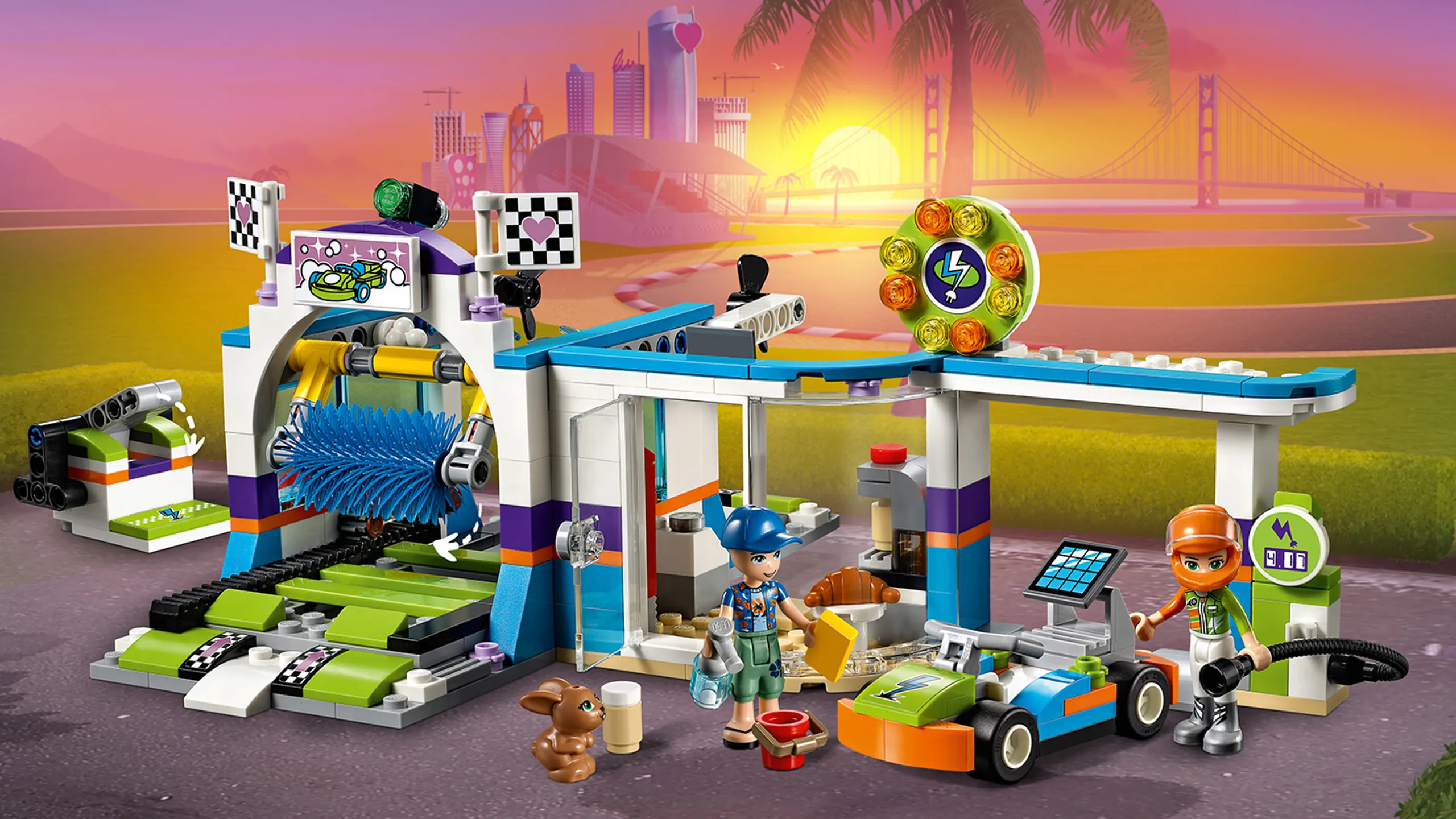 LEGO Friends - 41350 Spinning Brushes Car Wash - Mia drives her acing car to the Car Wash whee Zack is ready to service and wash the car with special brushes and refuel it while Mia can eat a croissant in the break room.