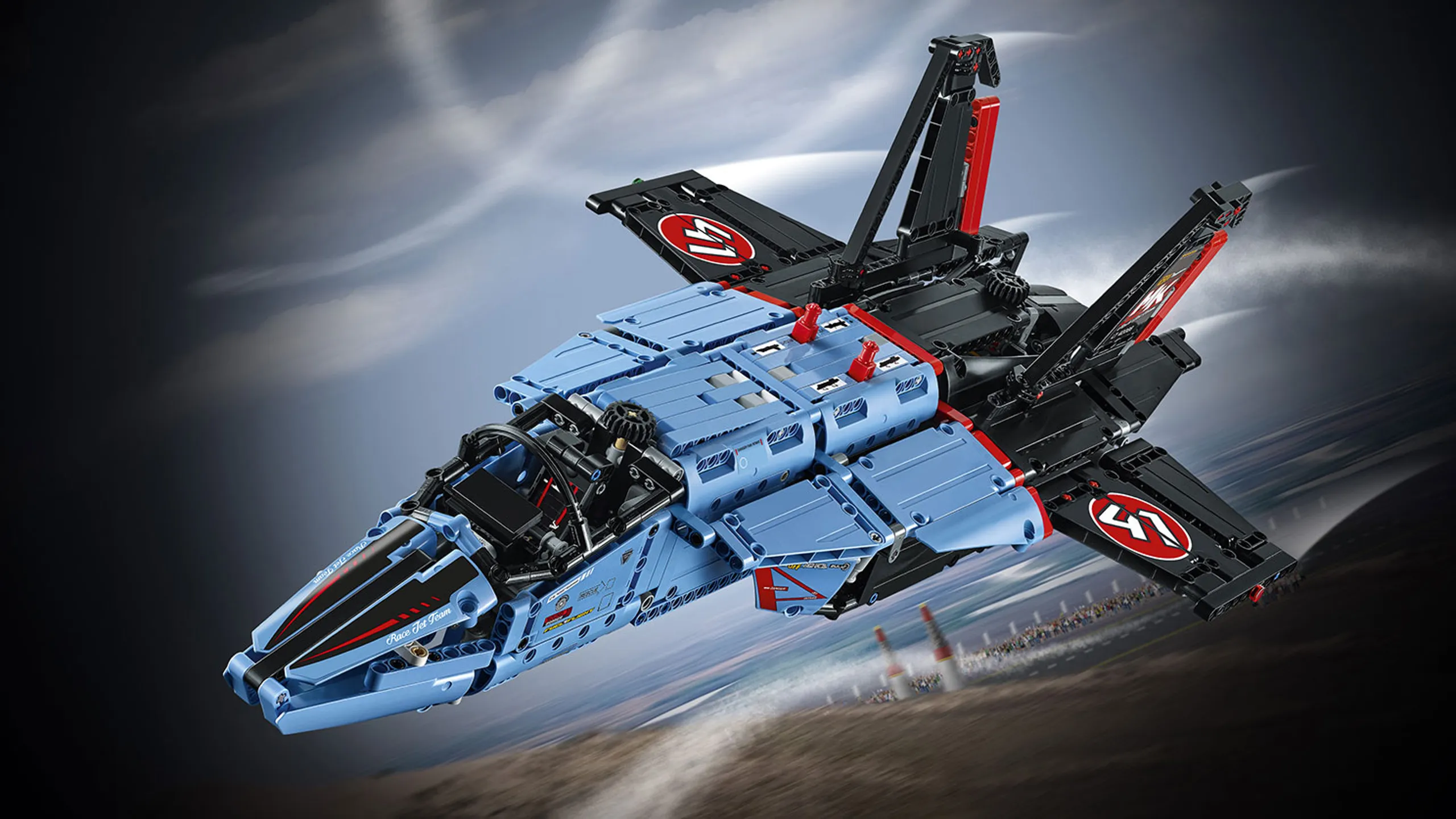 LEGO Technic - 42066 Air Race Jet -  The Air Race Jet features an awesome blue, black and red color scheme with cool racing stickers and an array of authentic details and exciting motorized functions.