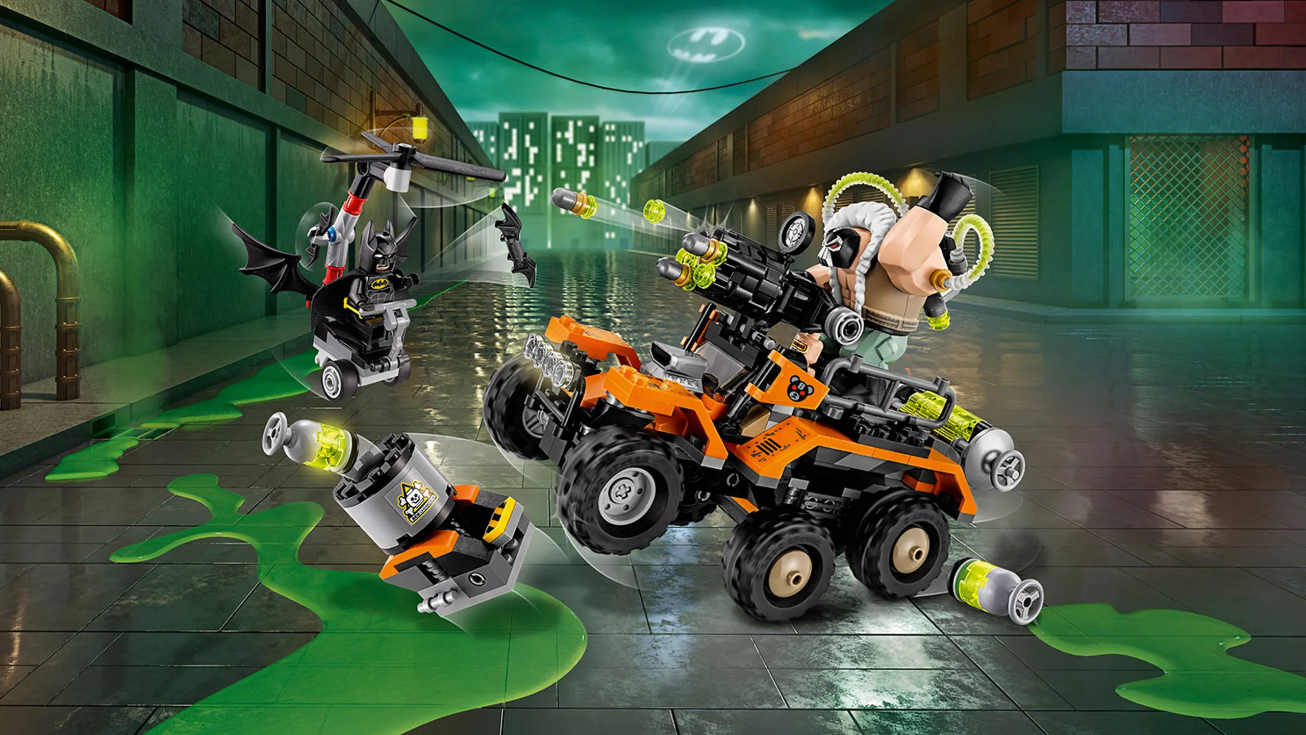 LEGO Batman Movie Bane Toxic Truck Attack - 70914 - Batman in his Whirly-Bat tries to stop Bane from dropping the toxic tank and creating chaos and mutants.