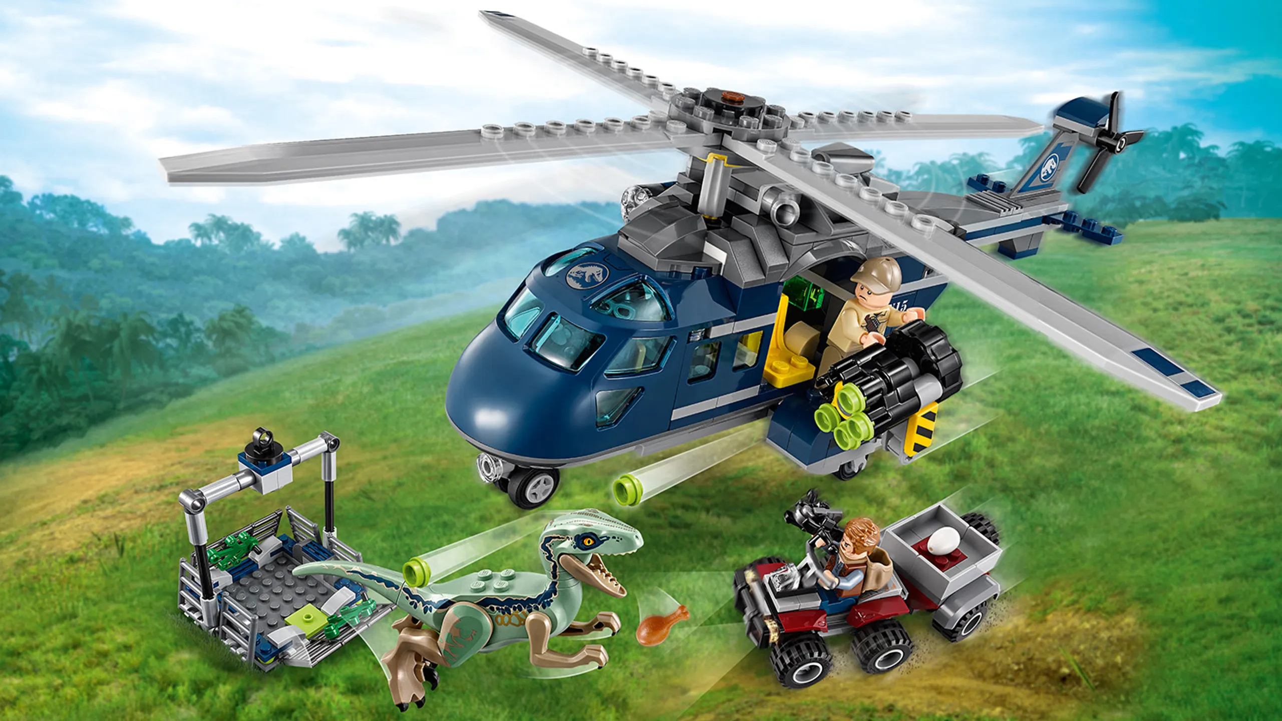 LEGO Jurassic World - 75928 Blue's Helicopter Pursuit - Owen is on land on a vehicle throwing a drumstick at Blue and Ken fires stud shooters at Blue to try and get the dinosaur back in its cage.