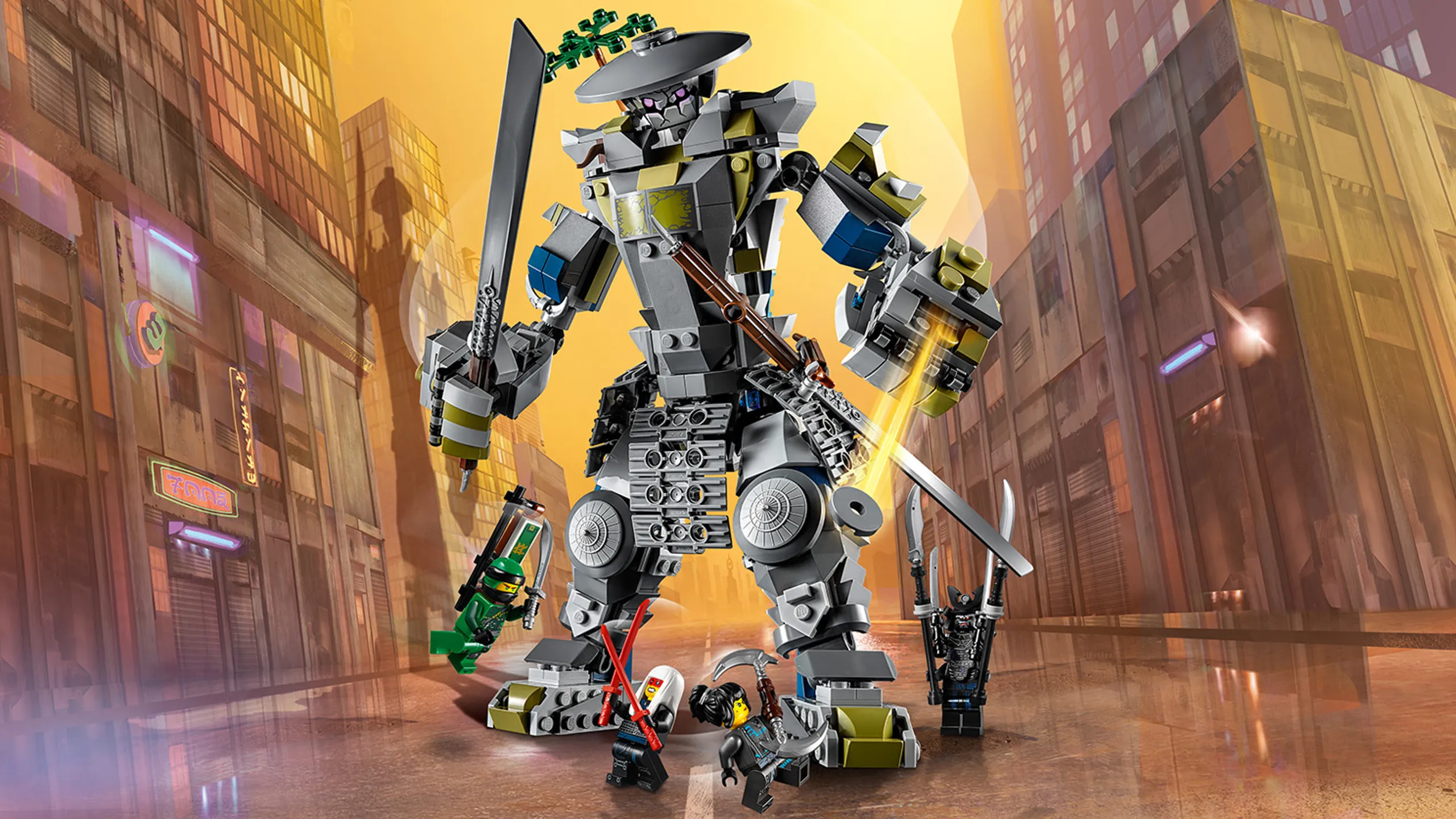 LEGO Ninjago - 70658 Oni Titan - This huge grey robot mech has gigantic katanas and the ninja heroes tries to stop the mech from destroying the city.