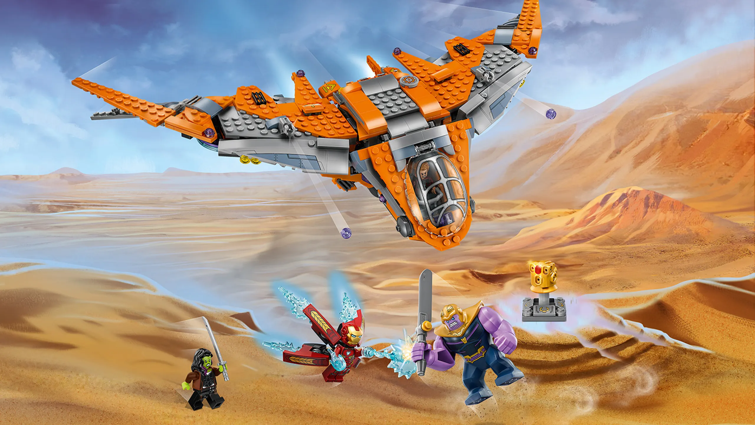 LEGO Super Heroes - 76107 Thanos: Ultimate Battle - Fire The Guardians’ Ship’s stud shooters at Thanos. Open the cockpit and drive into attack on the space scooter with Star-Lord and Gamora. 