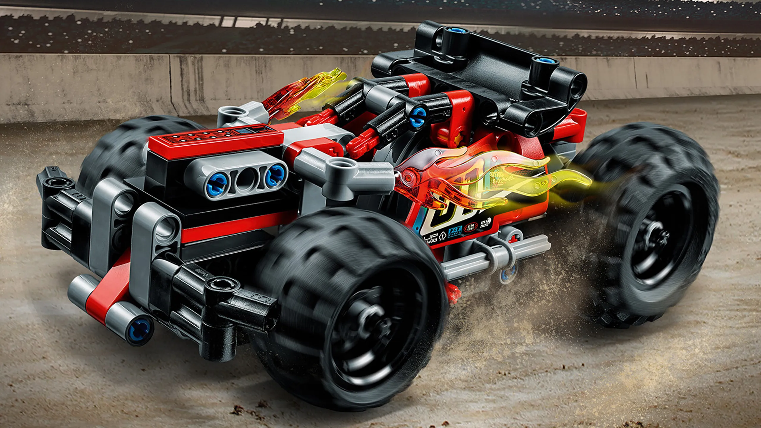 LEGO Technic - 42073 BASH! - Power up this rugged vehicle with pull-back motor featuring red, black and gray colors with racing stickers, heavy-duty front bumper, large rear spoiler and huge chunky tires.