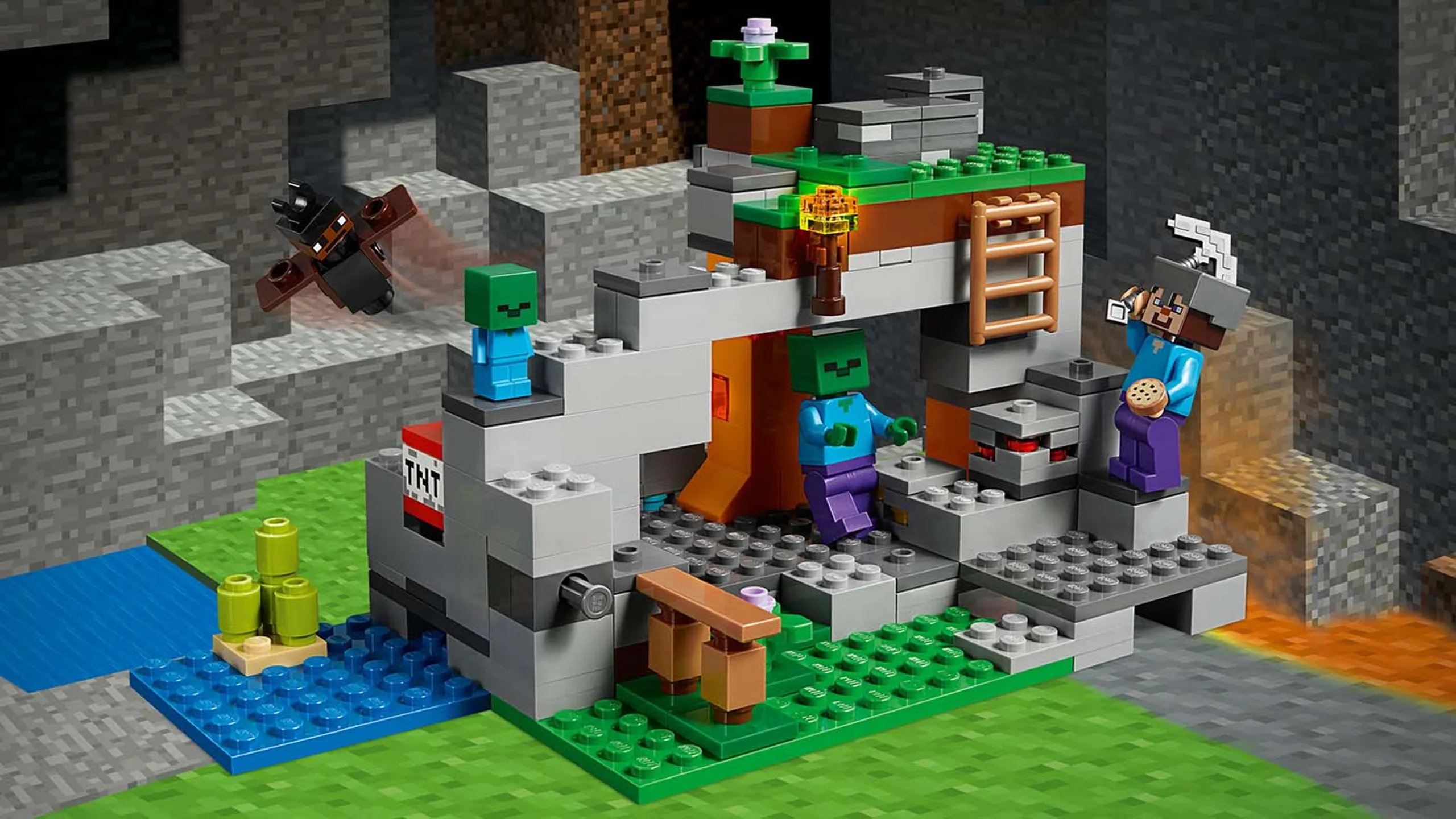 LEGO Minecraft - 21141 the Zombie Cave - Put on your helmet, grab your iron pickaxe and venture to the bat-infested Zombie Cave, complete with ladder and furnace