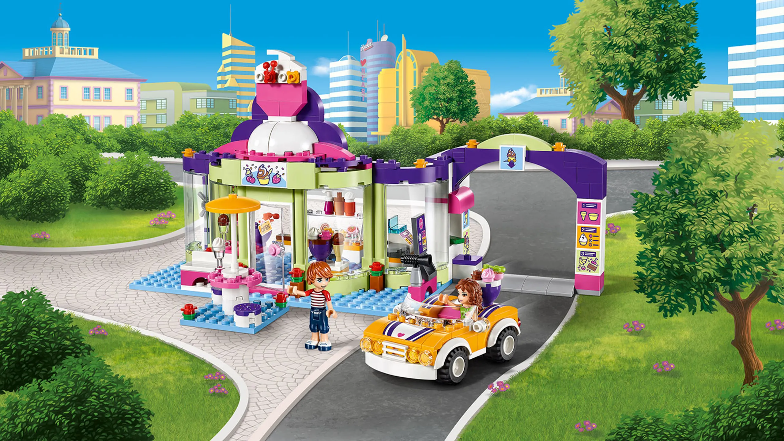 LEGO Friends - 41320 Heartlake Frozen Yogurt Shop - Olivia arrives in her car to the Frozen Yogurt Shop to meet up with Julian and chill out at Heartlake’s coolest hangout!