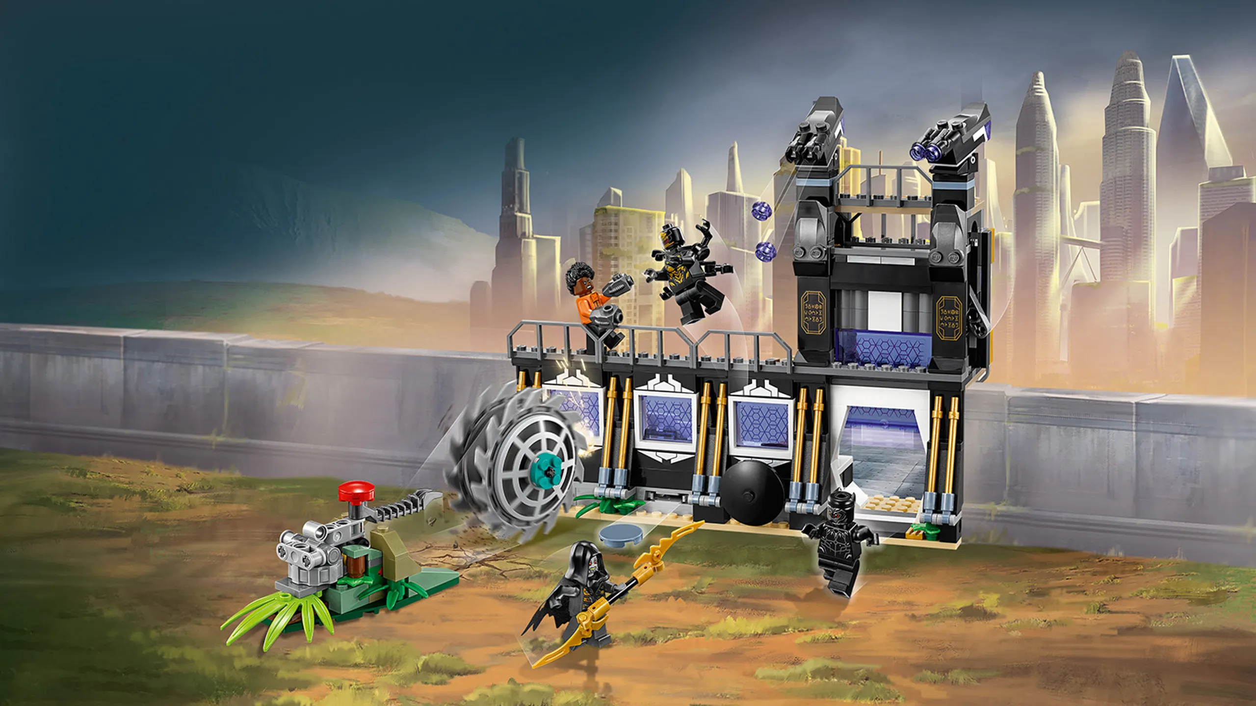 LEGO Super Heroes - 76103 Corvus Glaive Thresher Attack - Fire the Wakandan wall’s dual stud-shooting turrets and hidden disc shooter at the Thresher.