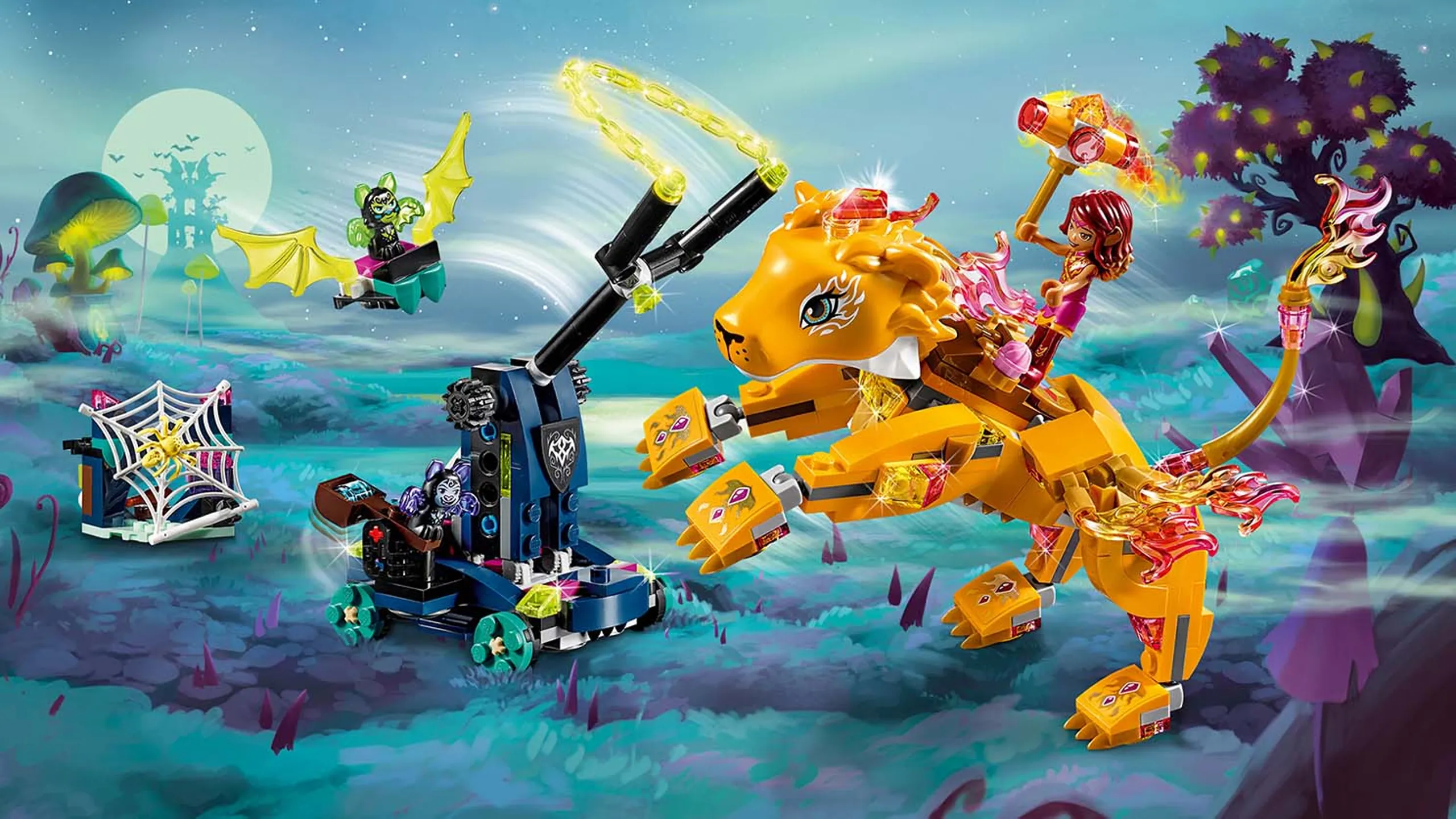 LEGO Elves - 41192 Azari & the fire Lion Capture - Help Azari and Rowan the Guardian Fire Lion unite their magic to fight off the shadow bats and try to remove the evil chain from around Rowan’s neck.