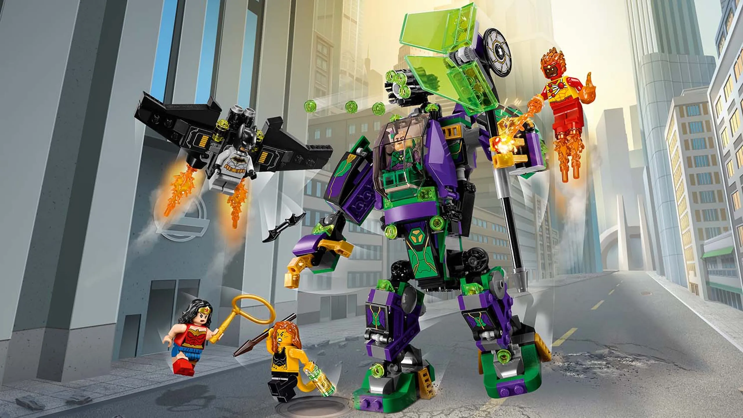 LEGO DC Super Heroes Lex Luthor Mech Takedown - 76097 - This action-packed set also includes Batman’s Bat Glider with 2 stud shooters, the buildable green Power Unit, 5 minifigures plus assorted translucent-orange Power Burst elements to customize your builds and minifigures.