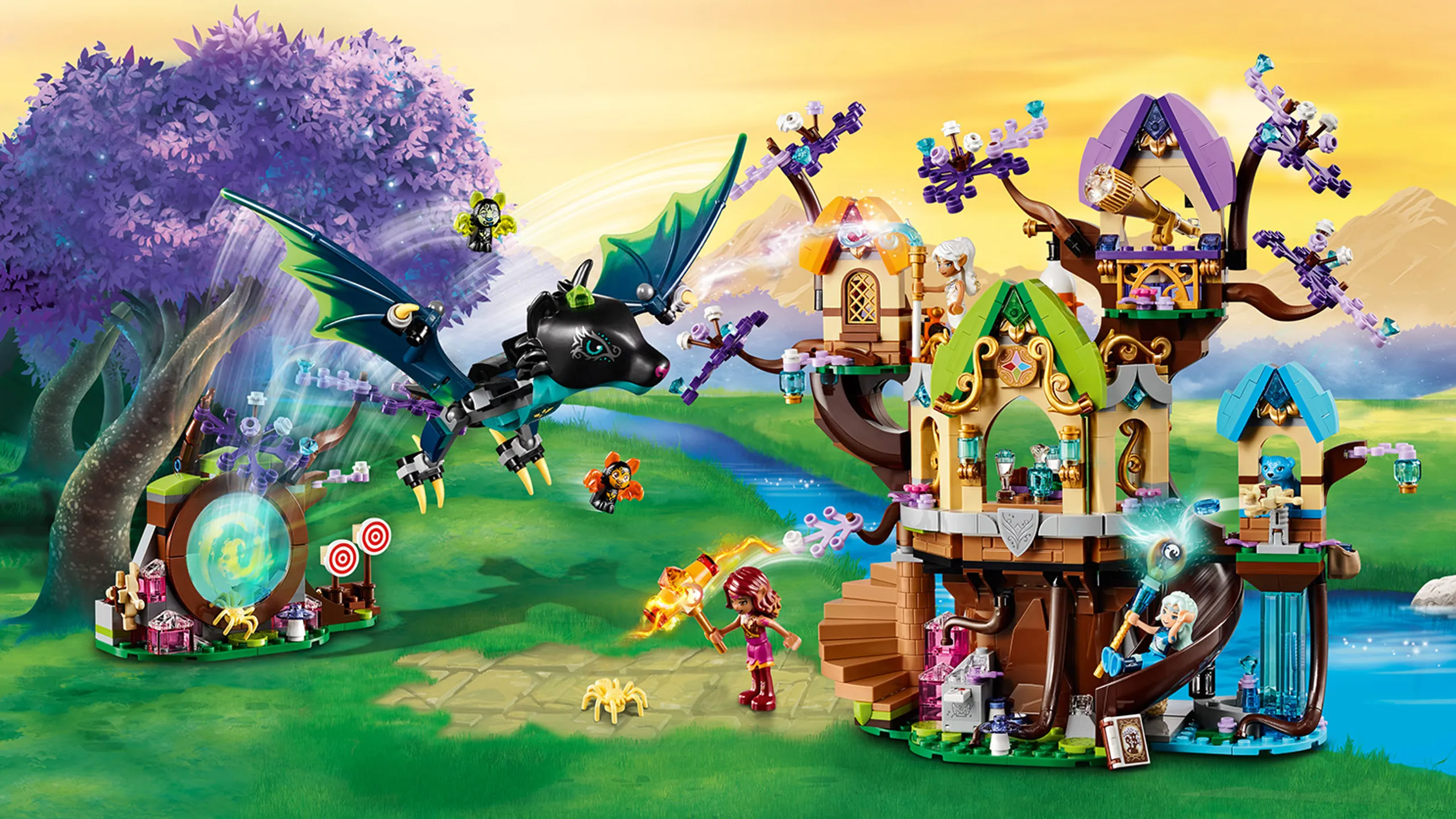 LEGO Elves - 41196 The Elvenstar Tree Bat Attack - A huge bat tries to attack the tree house where the elves can gaze at starts with the telescop, slide down to look at the waterfall, practice with the crossbow and discover a hidden portal.