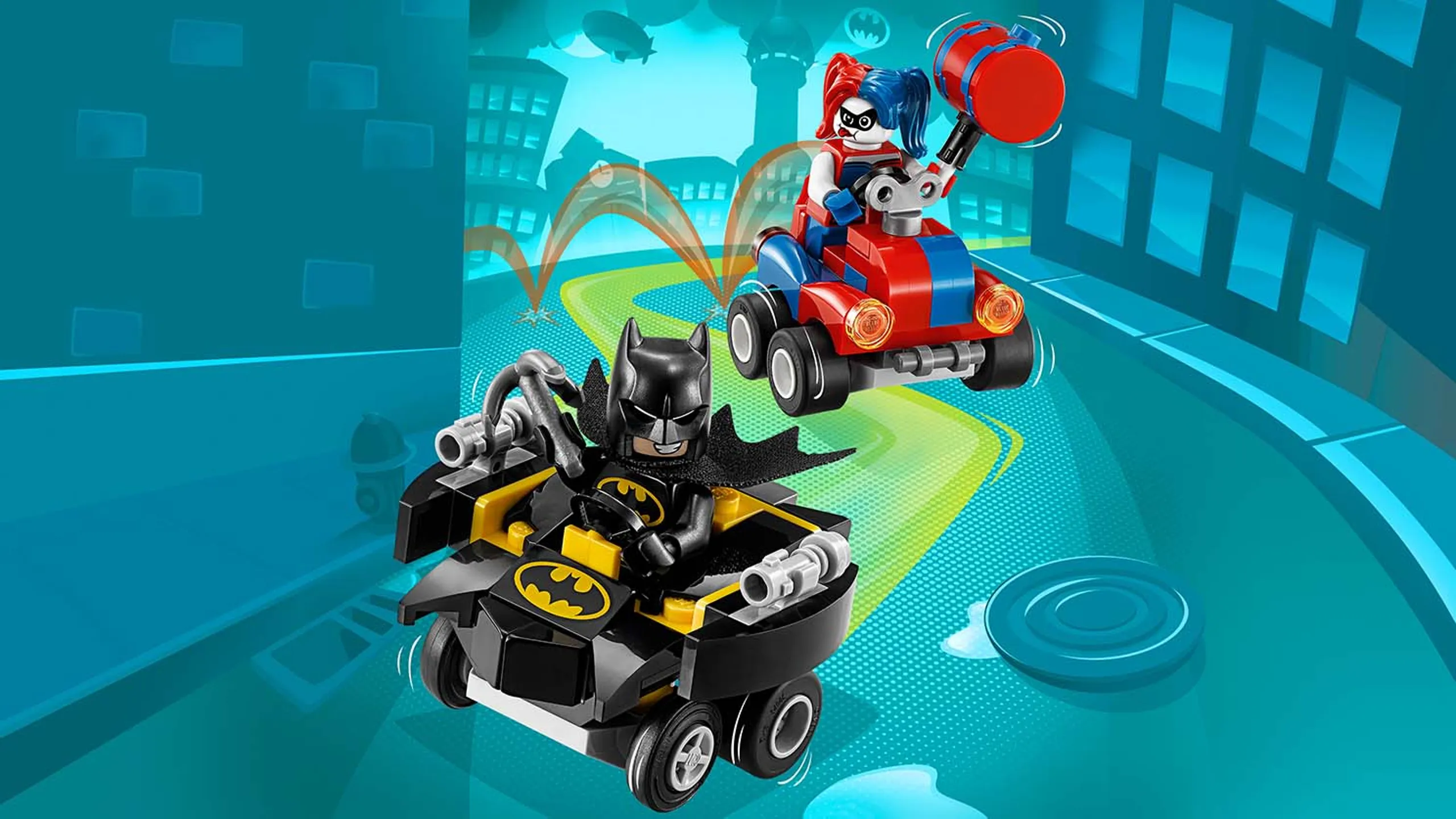 LEGO Super Heroes - 76092 Mighty Micros: Batman vs. Harley Quinn - In this epic duel Batman has his Batwing and grappling hook and Harley Quinn has geared up with her ‘Wind-Up’ car and giant mallet.