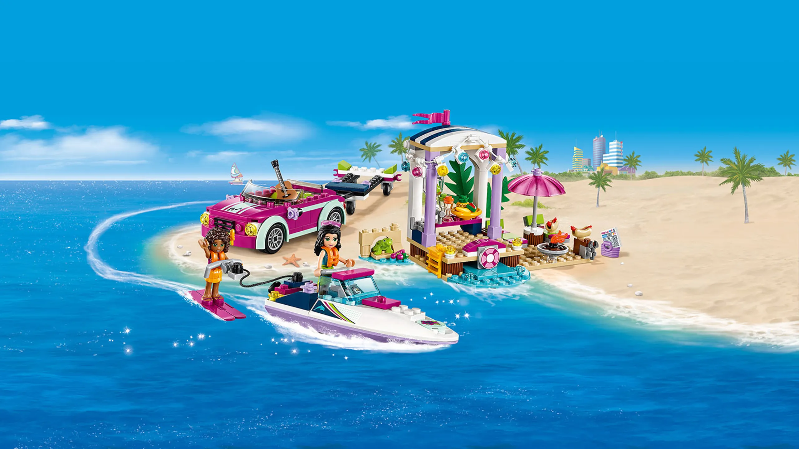 LEGO Friends - 41316 Andrea's Speedboat Transporter - Andrea is on the water ski at sea being towed by Emma on the Speedboat next to the beach party.