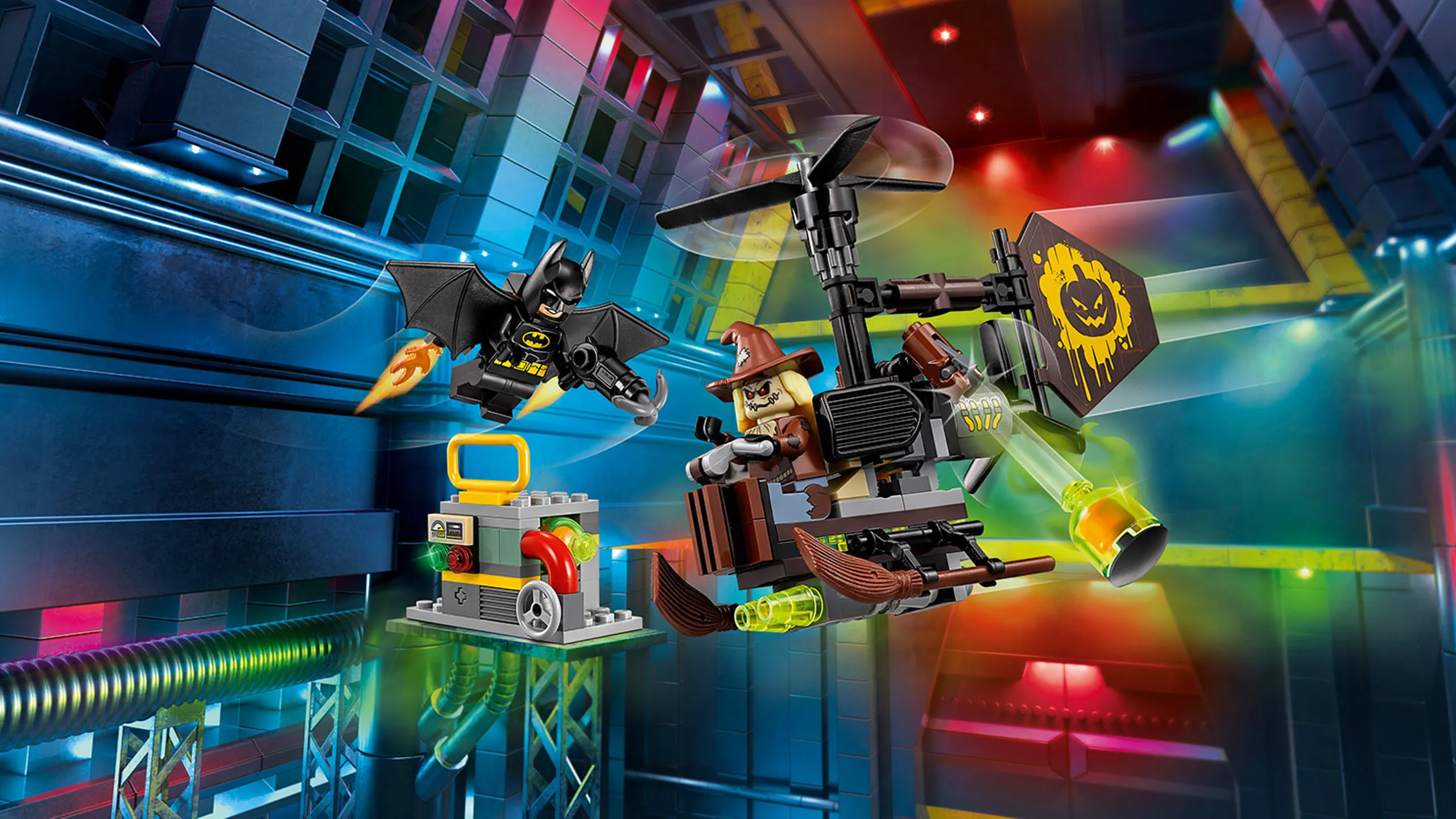 LEGO Batman Movie Scarecrow Fearful Face-off - 70913 - Scarecrow drops fear gas on the power plant from his Gyro-Copter and Batman must stop him.