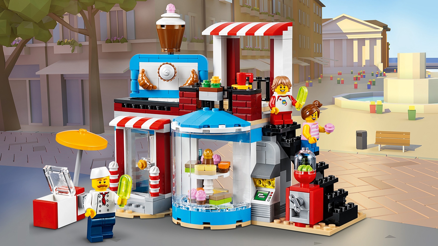 LEGO Creator 3 in 1 - 31077 Modular Sweet Surprises - Build these cute shops that sell all kind of sweets! Ice pops, cupcakes, croissants, bonbons, cookies and coffee.