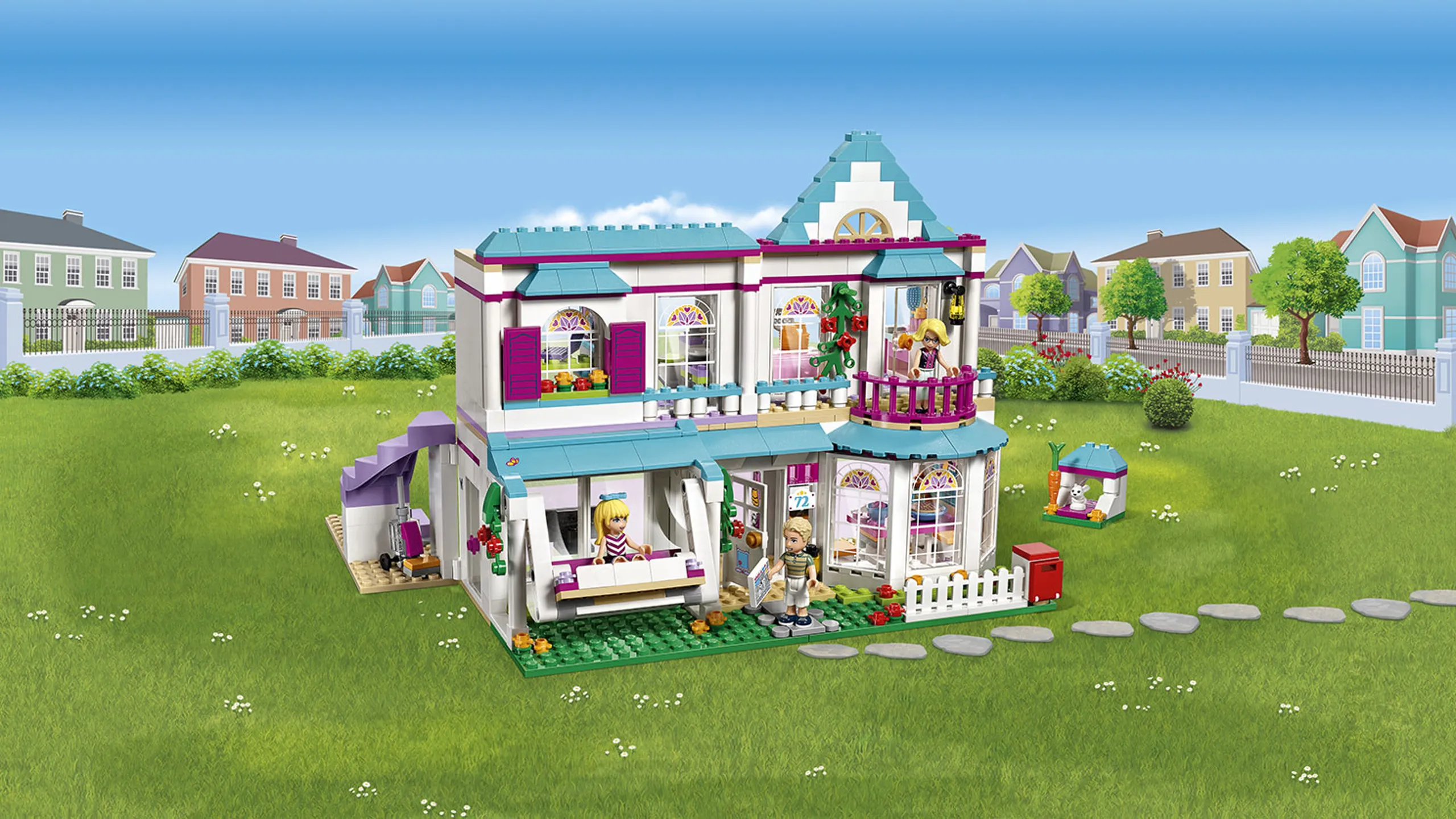 LEGO Friends - 41314 Stephanie's House - Stephanie swings in the swing chair on the porch while dad James has fetched the newspaper from the mailbox and mom Alicia is standing on the balcony of this detailed house.