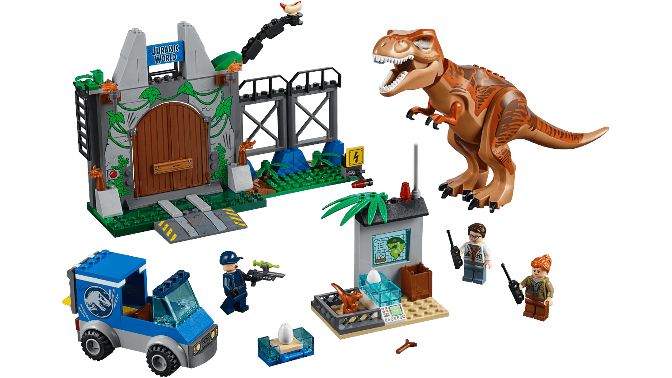 LEGO Juniors - 10758 T. rex Breakout - The set consists of three minifigures, a van, the dinosaur nursery, a dinosaur figure, a big dinosaur enclosure.