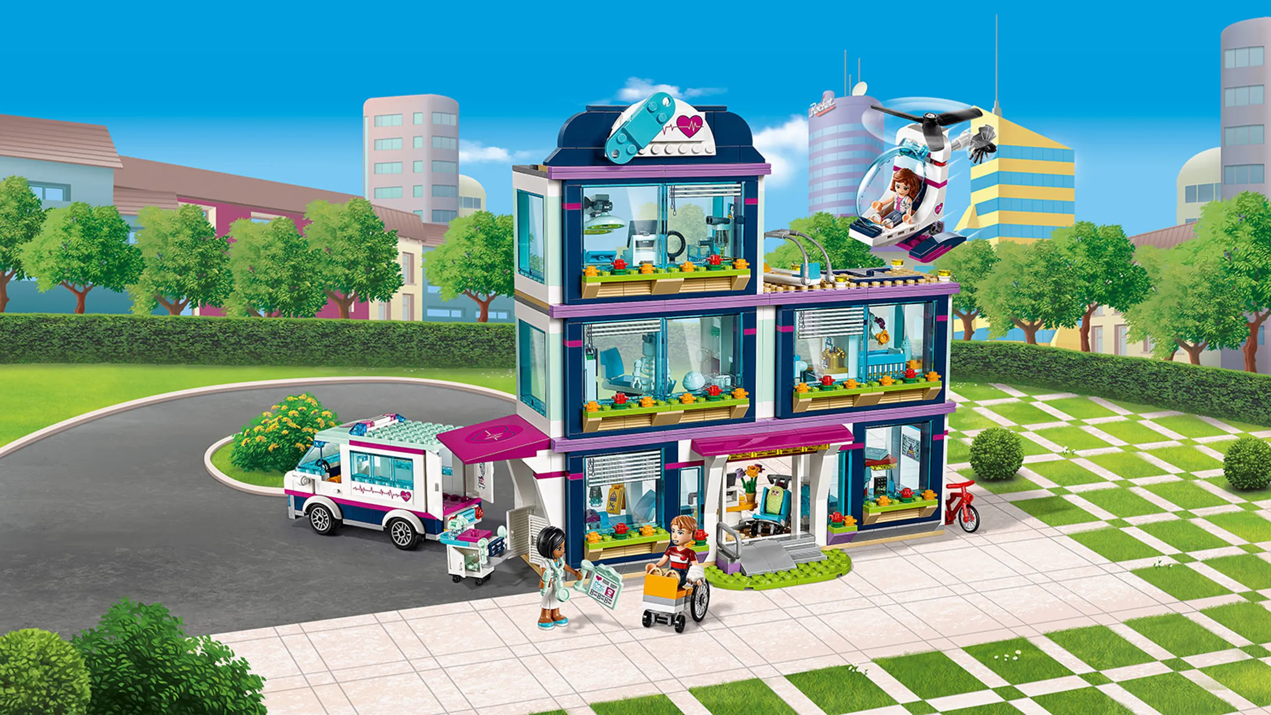 LEGO Friends - 41318 Heartlake Hospital - Outside the hospital a doctor receives a boy in wheelchair, the ambulance has arrived and Olivia flies the hospital helicopter.