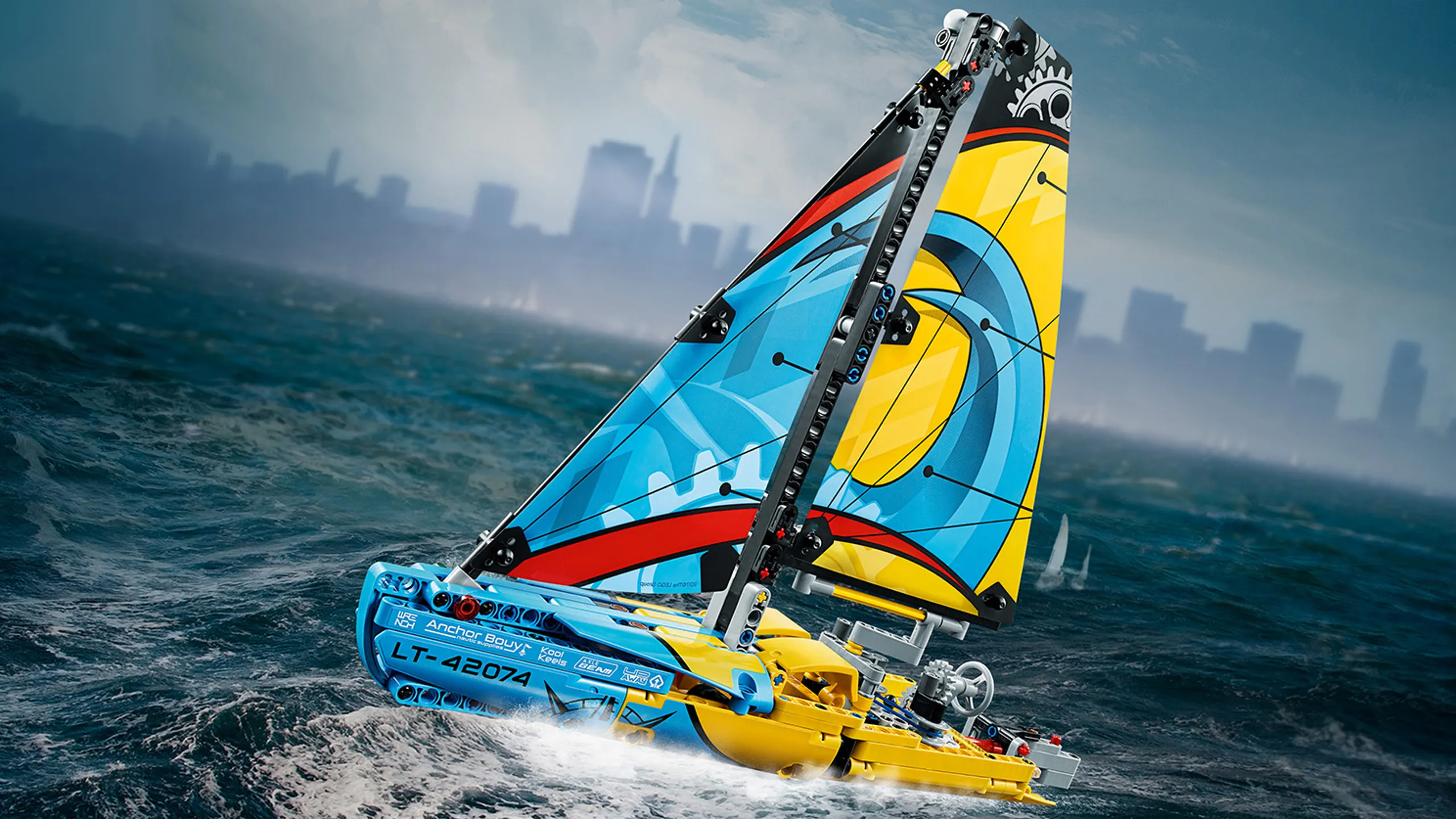 LEGO Technic - 42074 Racing Yacht - Be the first to the finish line with the sporty Racing Yacht in yellow and blue colors with printed sails, lines and winches, and a detailed hull.