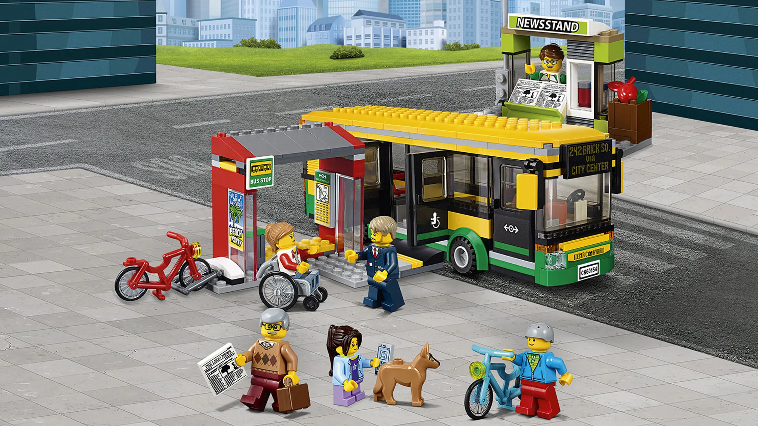 LEGO City Town - 60154 Bus Station - Jump on your bike to the bus stop, buy a news paper and get on the bus.