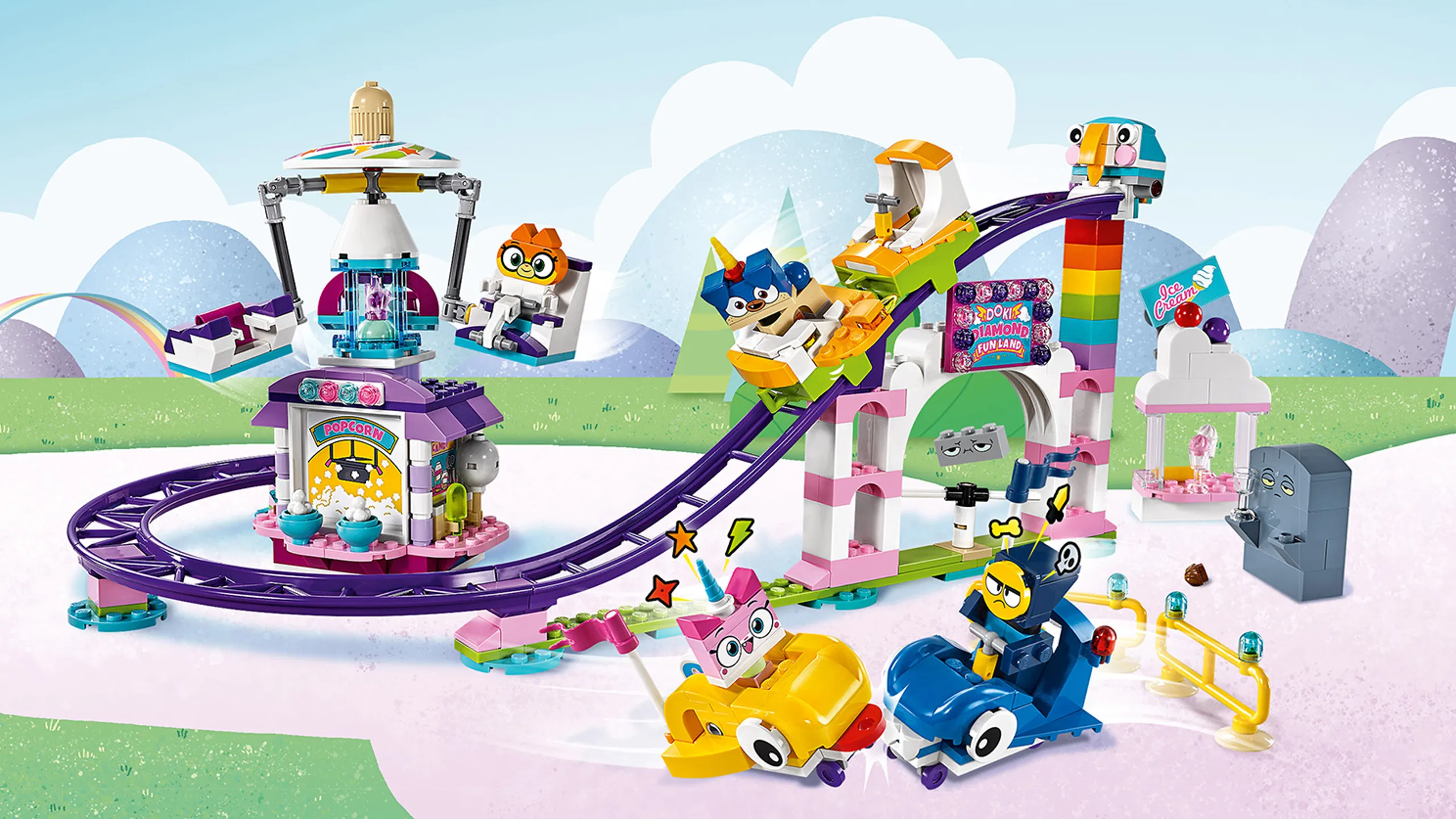 LEGO Unikitty - 41456 Unikingdom Fairground Fun - Have fun at the fairground with Unikitty, Prince Puppycorn and friends! Try the roller coaster or the swinging chair or go for ice cream.