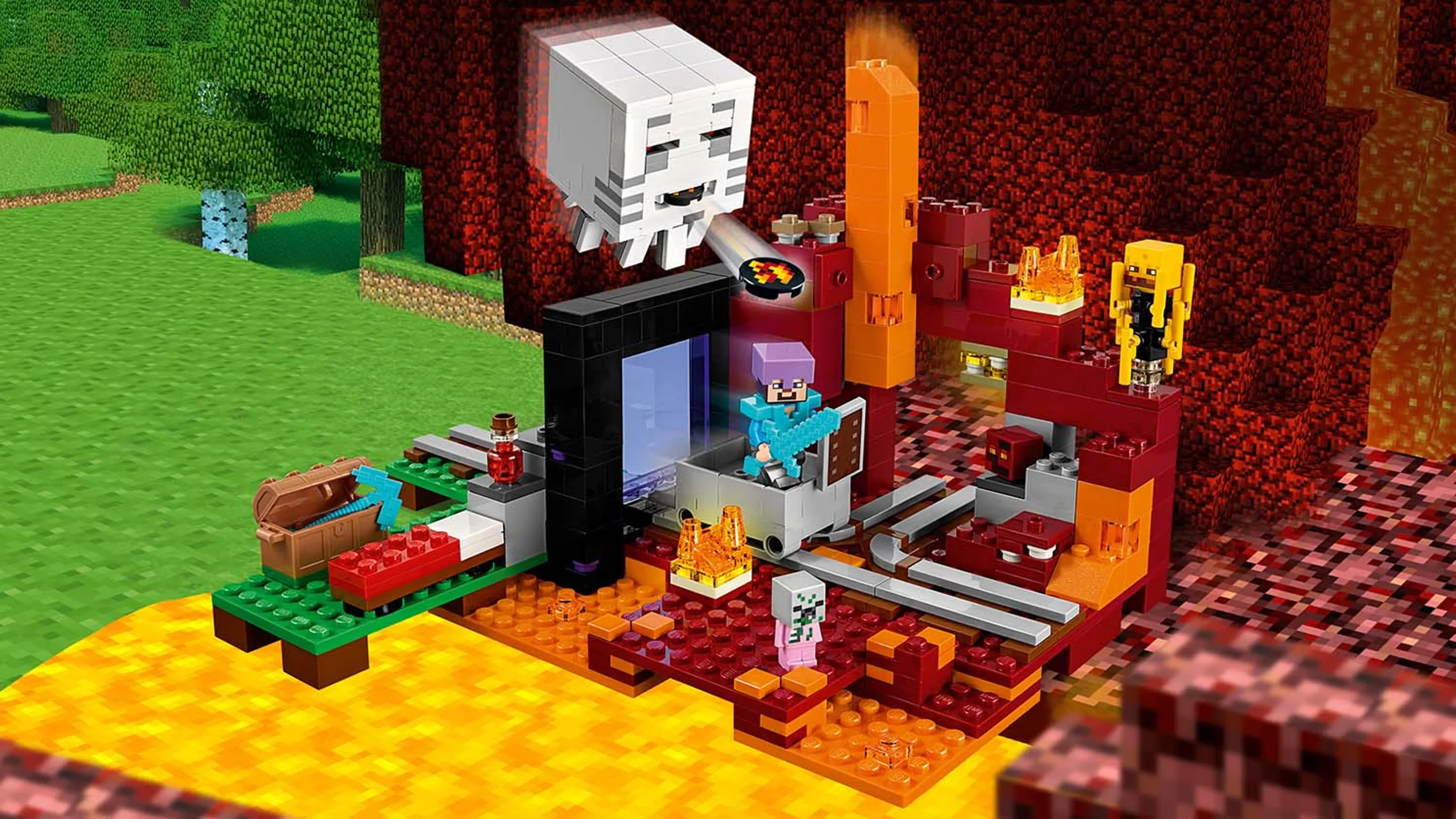 LEGO Minecraft - 21143 The Nether Portal - Steve has put on his armor and in his minecart and travels through the Nether Portal where a flying blaze, a zombie pigman, jumping magma cubes and a fireball shooting ghast are threatening him.