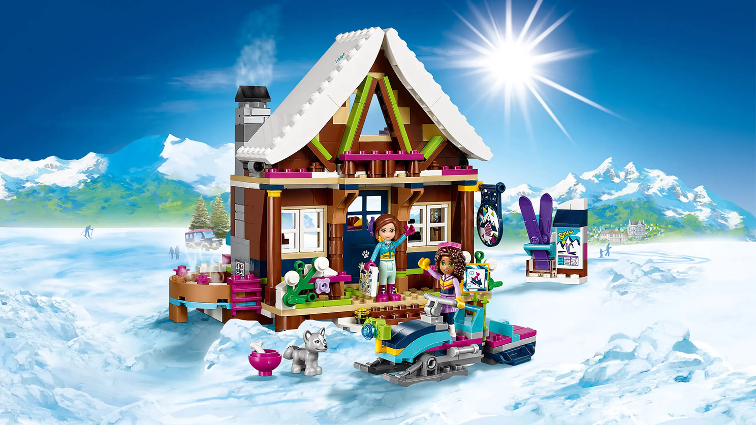 LEGO Friends - 41323 Snow Resort Chalet - Andrea takes a ride on the snowmobile while Amy stays at the log cabin with the husky puppy.