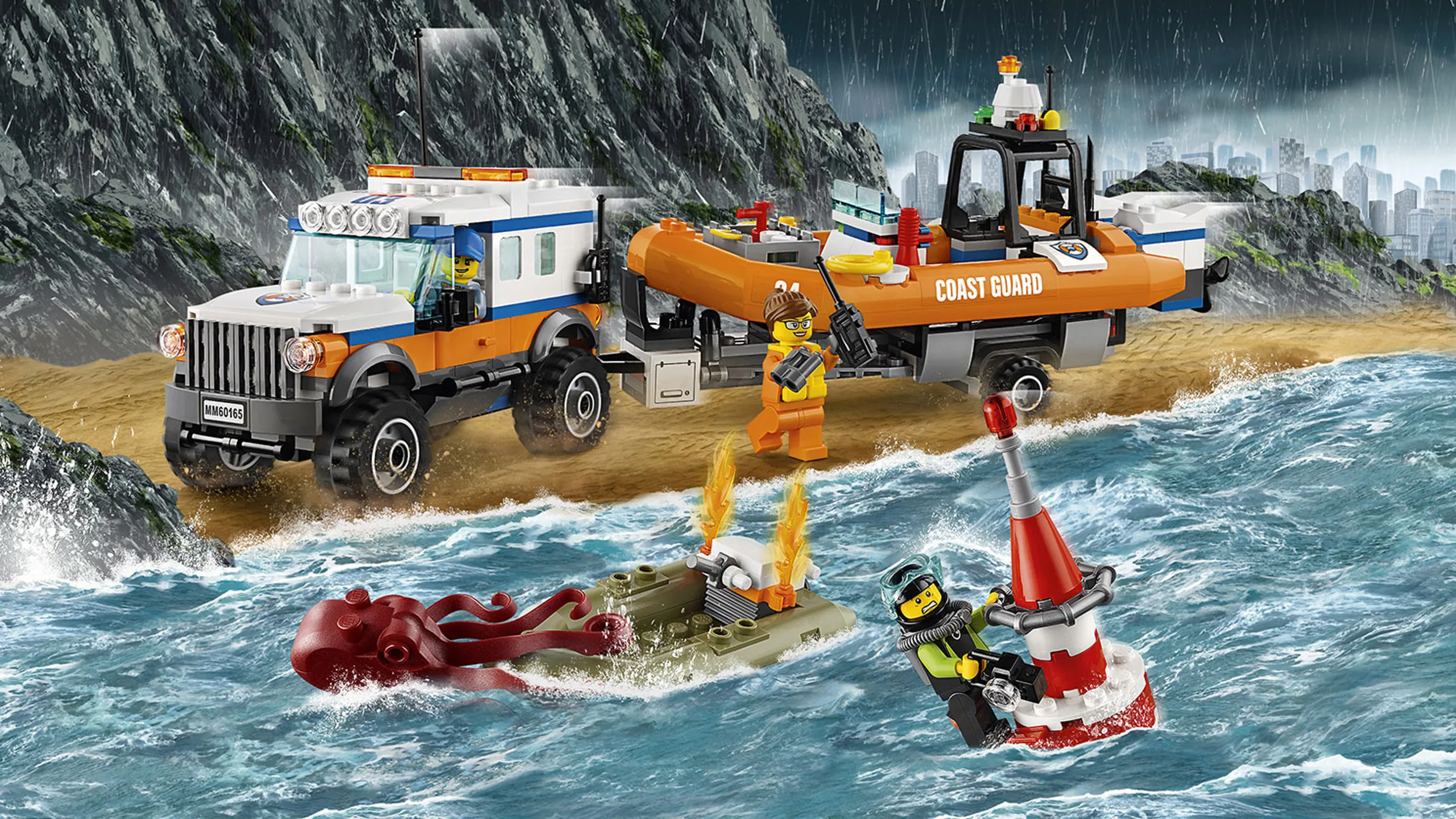 LEGO City Coast Guard - 60165 4x4 Response Unit - A giant octopus has attacked the divers speed boat and he is hanging on to a buoy. Now it's up to the coast guard to save him. 