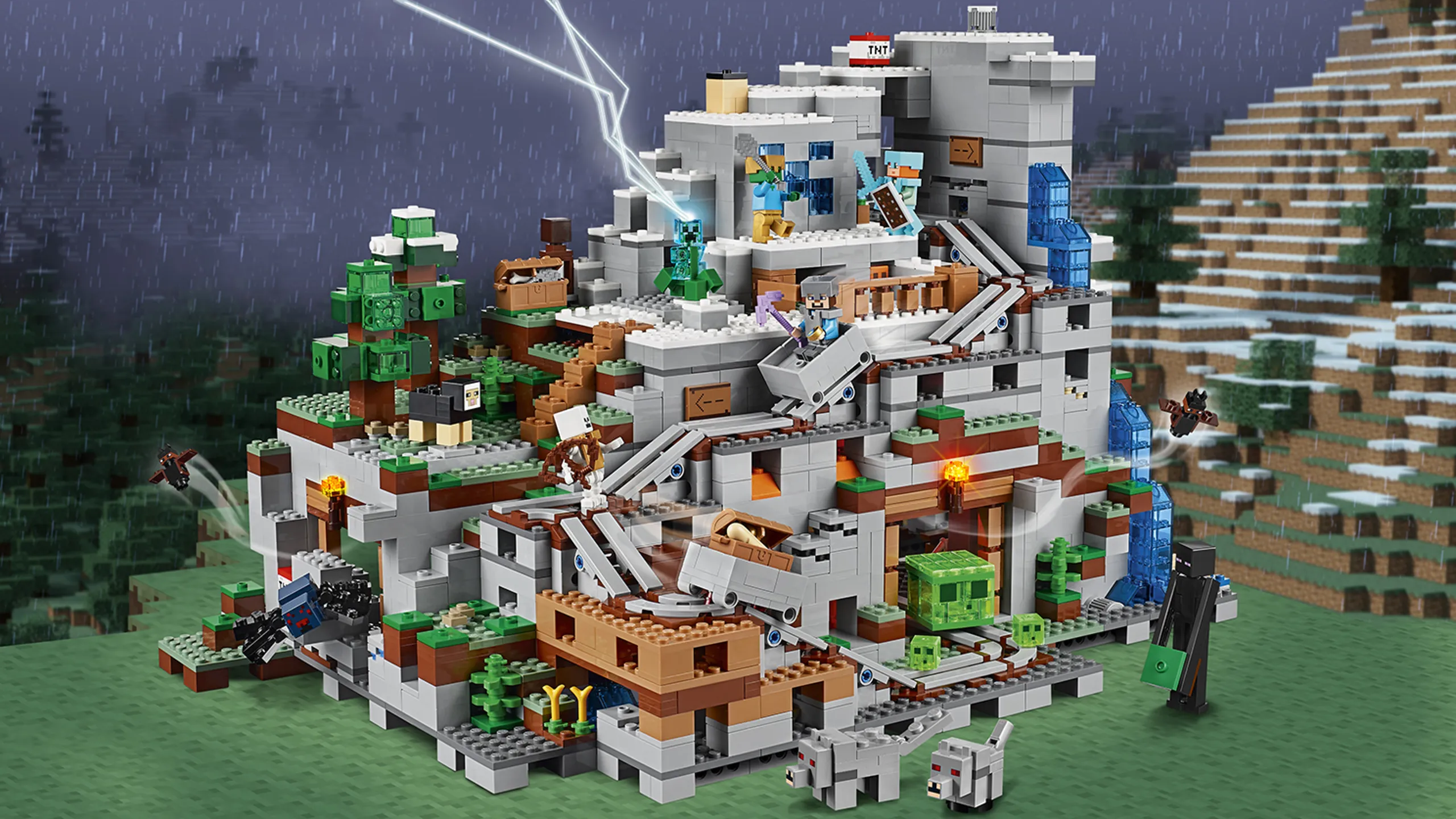 LEGO Minecraft - 21137 Mountain Cave Set - Explore the biggest LEGO Minecraft set so far! With railroads and hidden caves this set opens up for hours of building and play.