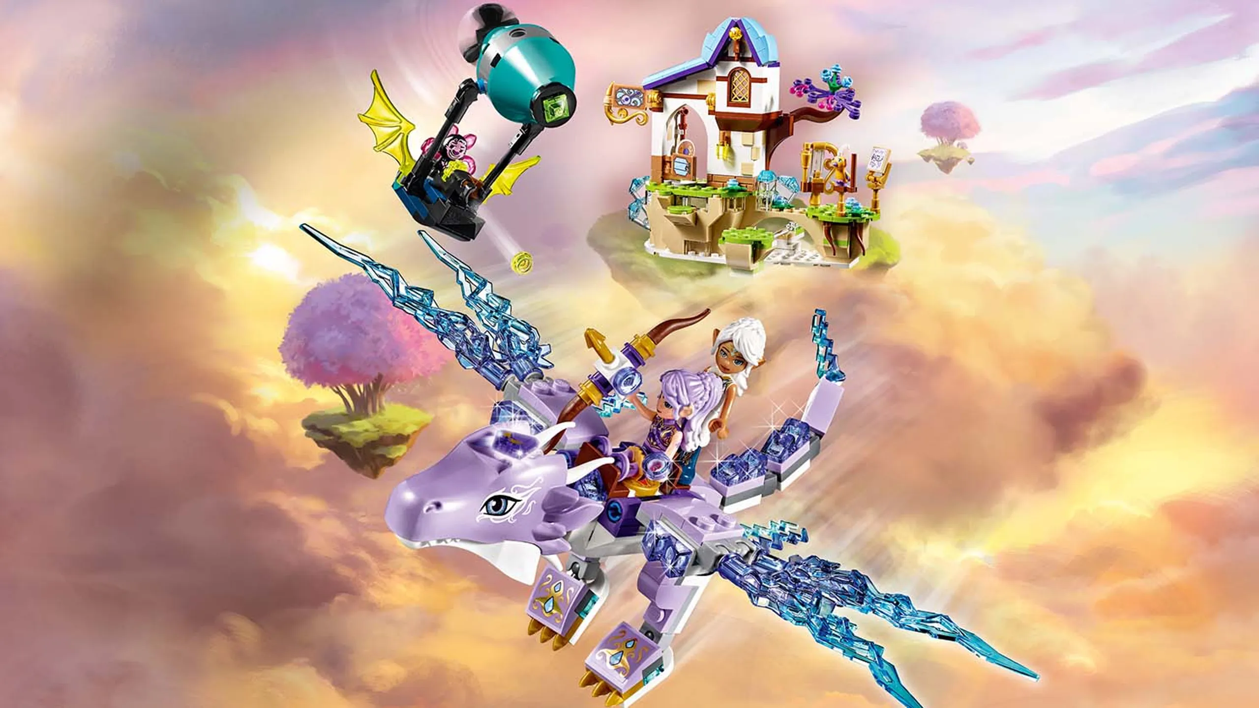 LEGO Elves - 41193 Aira & the Song of the Wind Dragon - Aira and Lumia are flying on Cyclo the Guardian Wind Dragon that is under attack by a evil shadow bat that tries to steal the magic Wind diamond.