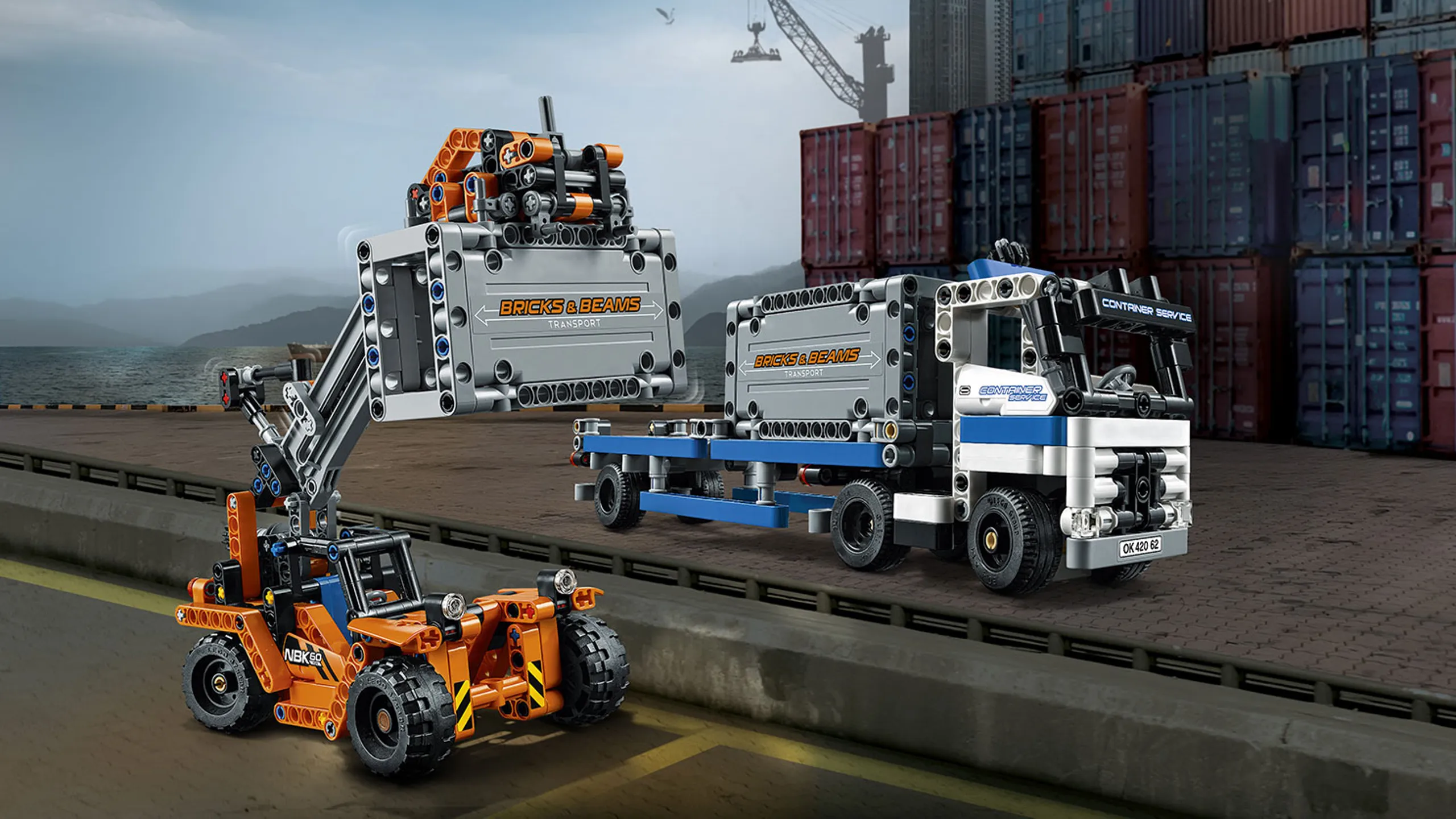 LEGO Technic - 42062 Container Yard - Transport huge amounts of cargo at the 2-in-1 LEGO® Technic Container Yard, featuring an articulated truck with detachable trailer and two large containers, plus a rugged container loader.