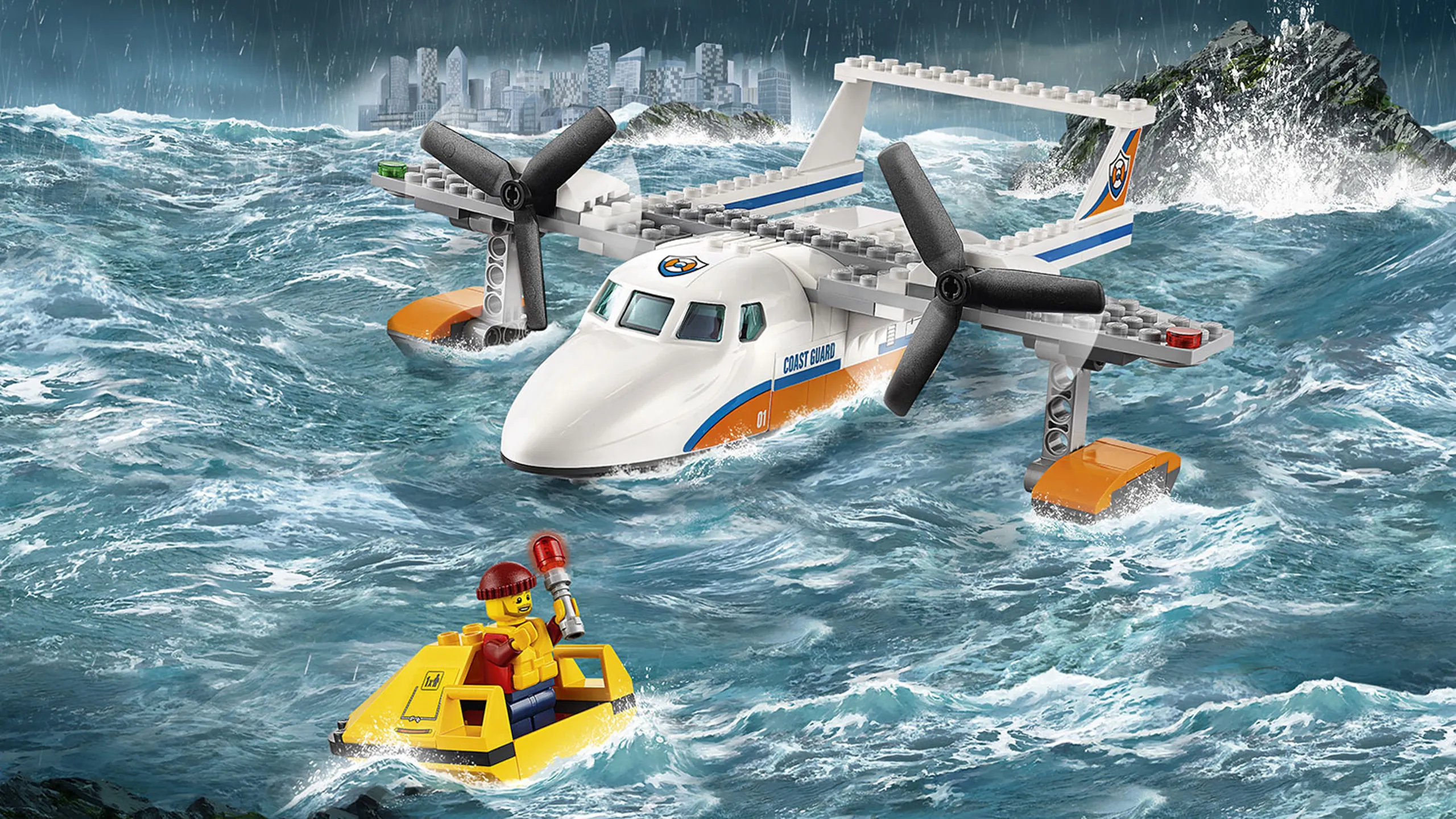 LEGO City Coast Guard - 60164 Sea Rescue Plane - A sailor is in distress in a rescue raft at sea! You must hop into the cockpit and save him.