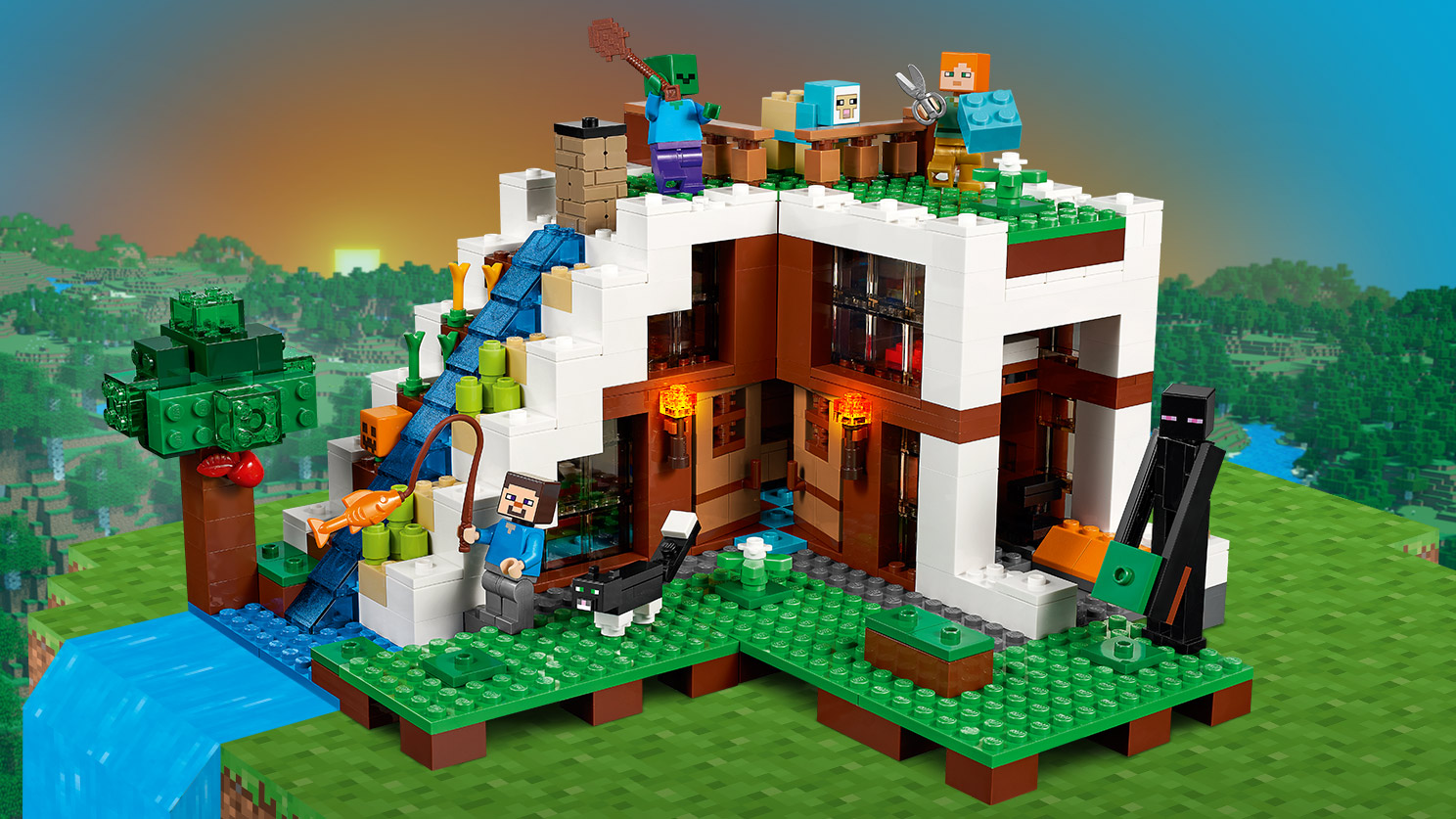 LEGO Minecraft - 21134 The Waterfall Base - Steve and Alex have joined forces and built the ultimate shelter with rooftop garden, waterfall and secret lava entrance .