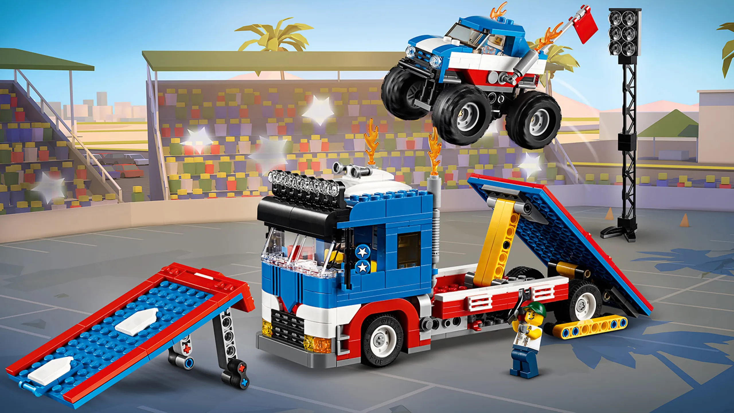 LEGO Creator 3 in 1 - 31085 Mobile Stunt Show - Convert the trailers of the truck into ramps and make a stunt show with a small blue monster truck.
