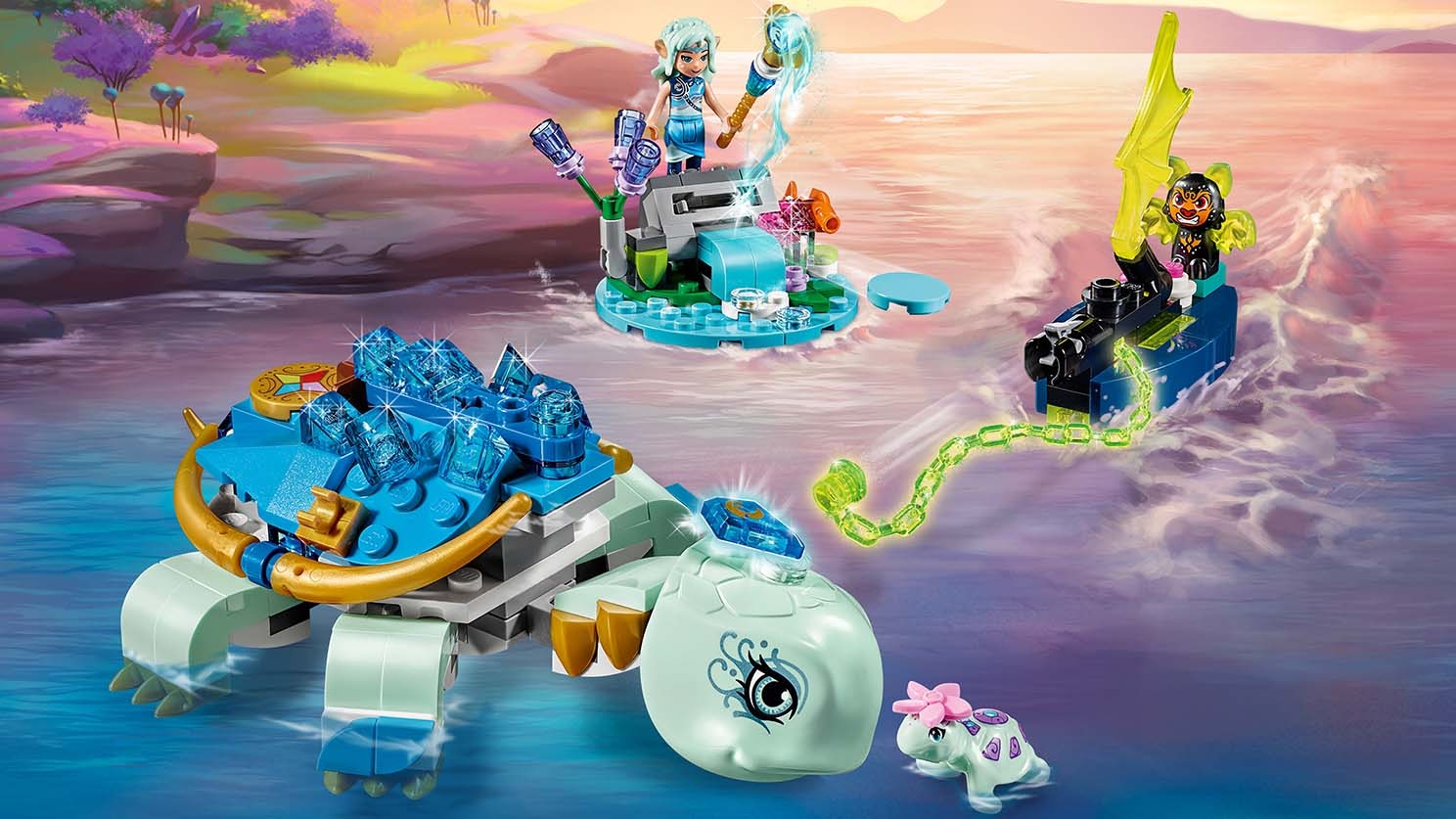 LEGO Elves - 41191 Naida & the Water Turtle Ambush - The shadow bat fires an evil chain at Cory the Guardian Water Turtle in an attempt to steal the magical Water diamond and Naida must use her powers to help Cory and the baby turtle.