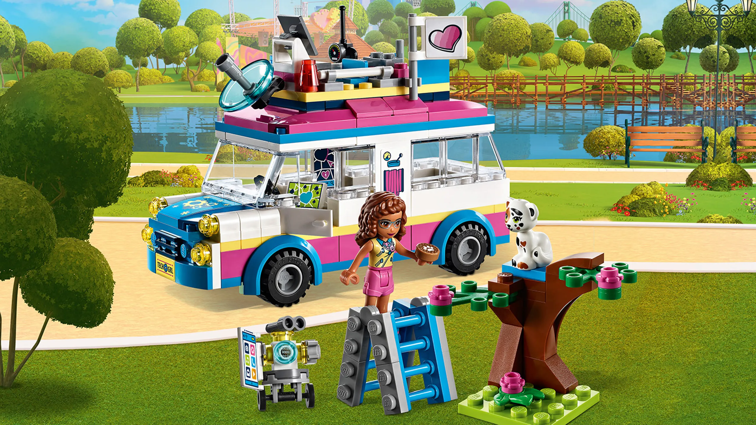 LEGO Friends Olivia's Mission Vehicle - 41333 - Head to Heartlake City Park in Olivia’s Mission Vehicle. There’s a cat who needs her help! Olivia and her robot Zobo to the rescue. Put Zobo in his rooftop control centre to monitor the situation, while Olivia sets up the ladder.