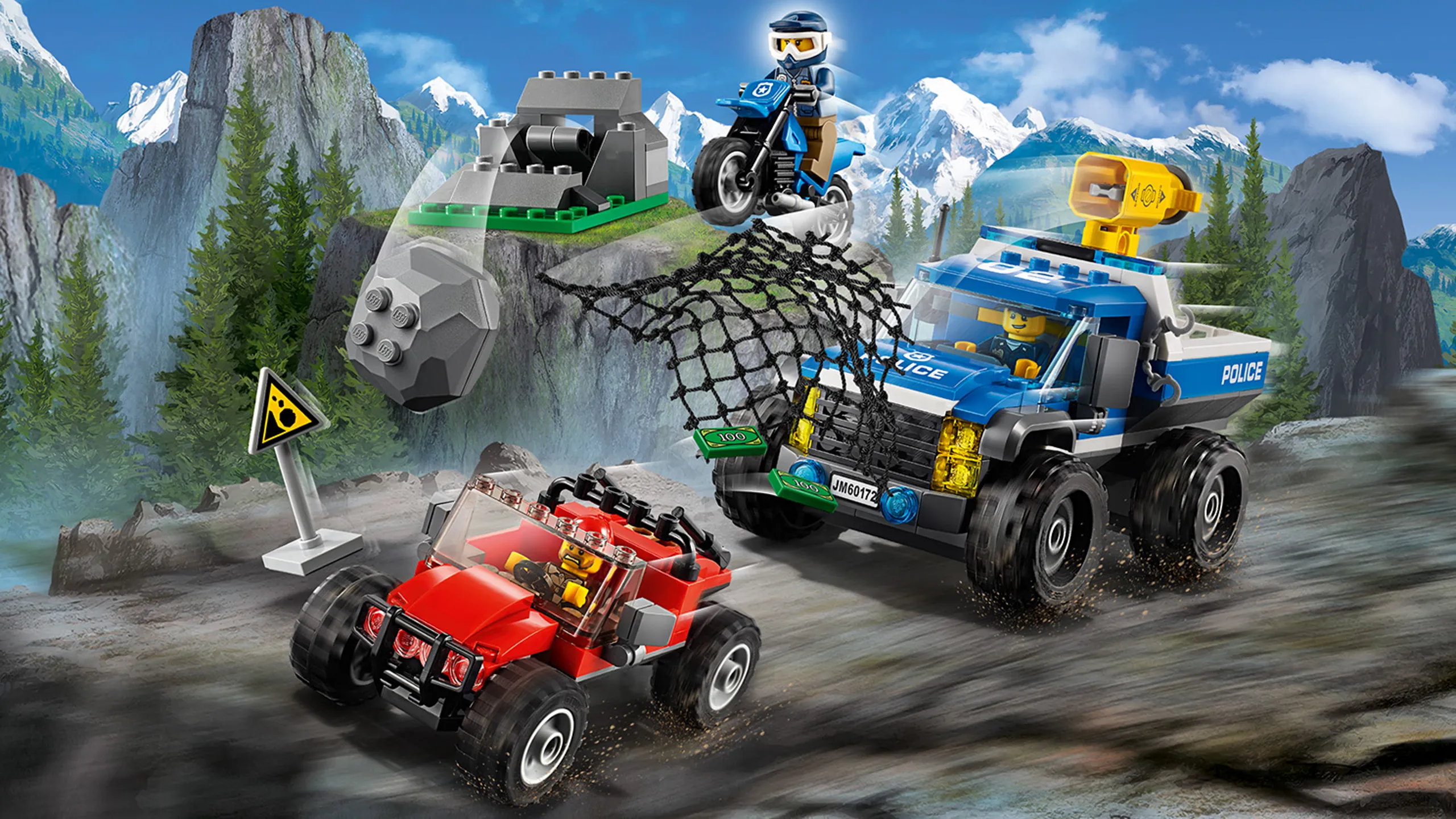 LEGO City Mountain Police - 60172 Dirt Road Pursuit - The police drops a huge net from the air to catch a crook trying to escape.