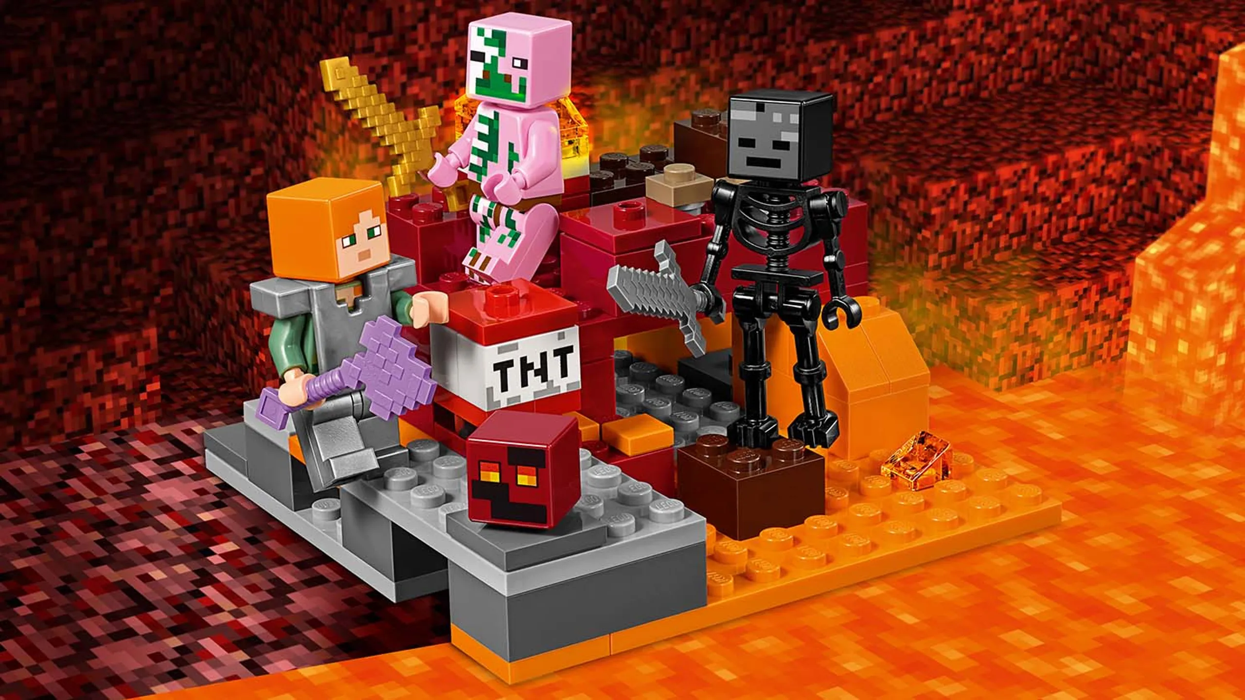 LEGO Minecraft - 21139 The Nether Fight - Alex has put on his iron armor and fight the zombie pigman, the wither skeleton and jumping magma cubes in the Nether.