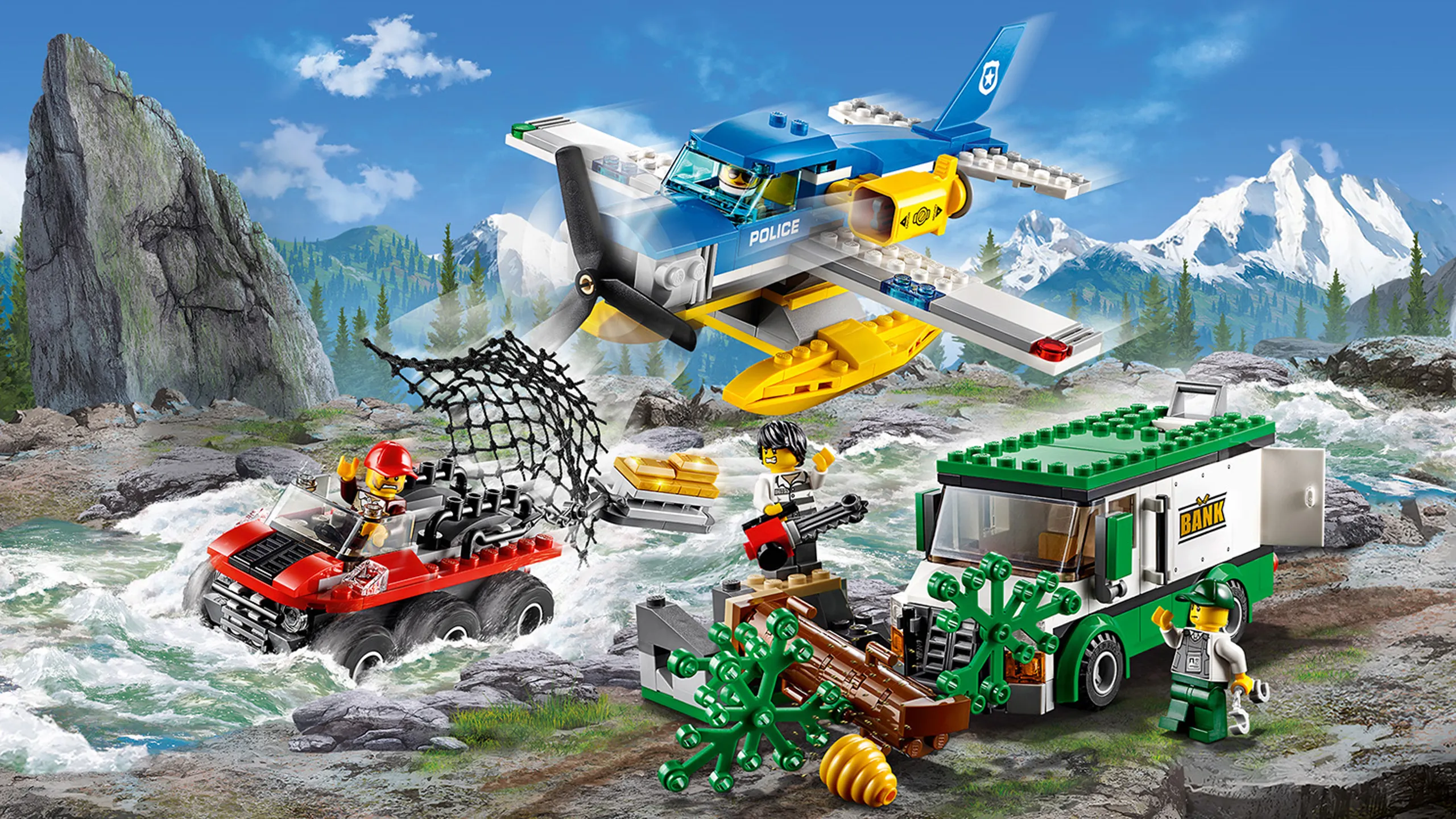 LEGO City Mountain Police - 60175 Mountain River Heist - The police uses their special plane to throw a net down over a crook escaping on the river.