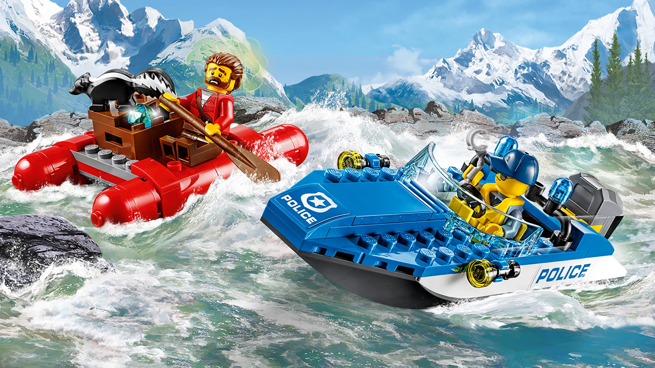LEGO City Mountain Police - 60176 Wild River Escape - The police boat chases the crook in a red raft escaping with diamonds and a skunk.