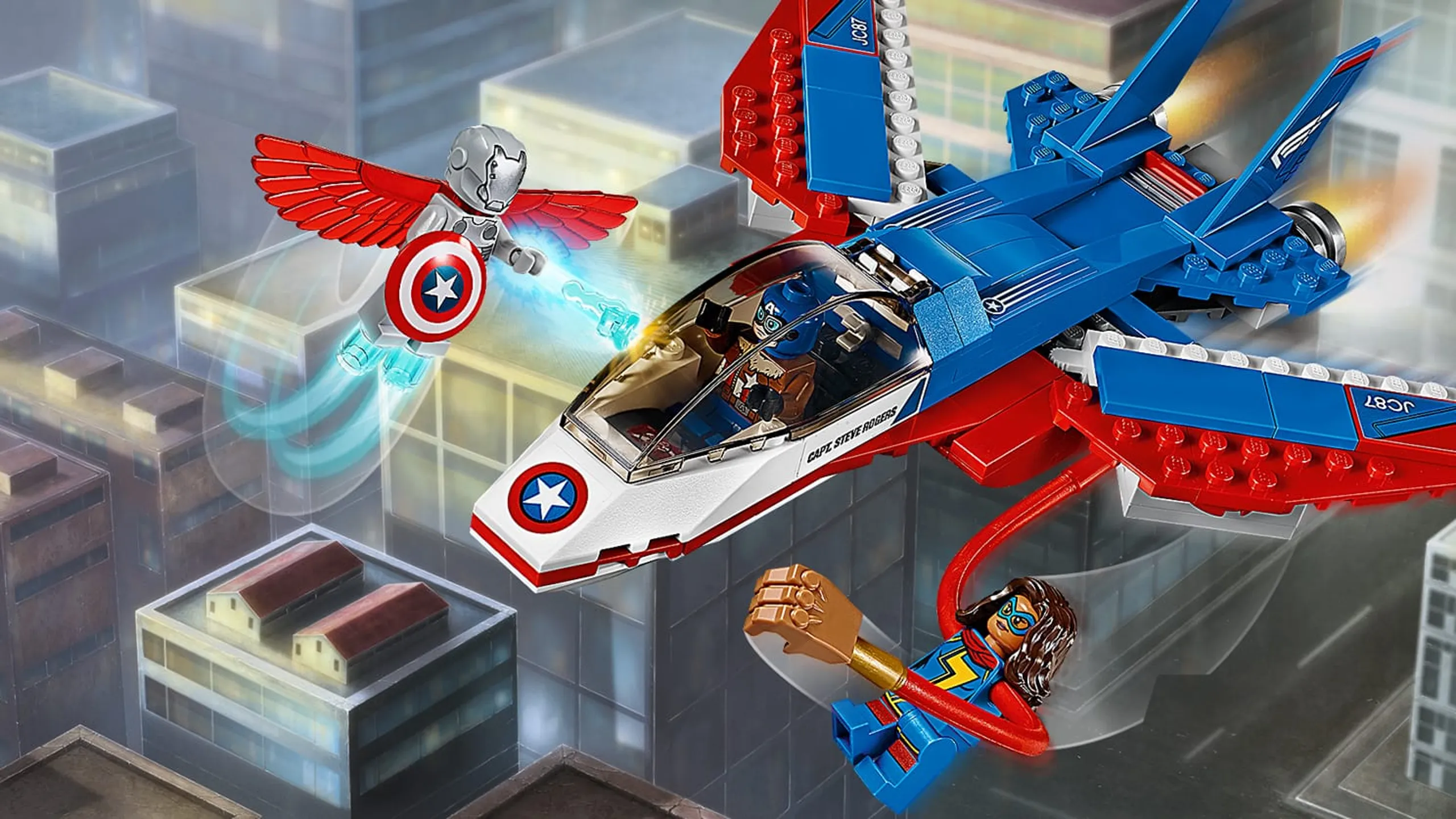 LEGO Super Heroes - 76076 Captain America Jet Pursuit - Super-Adaptoid has stolen Captain America's shield. Help him get it back with his jet and Ms. Marvel and her stretching arms.