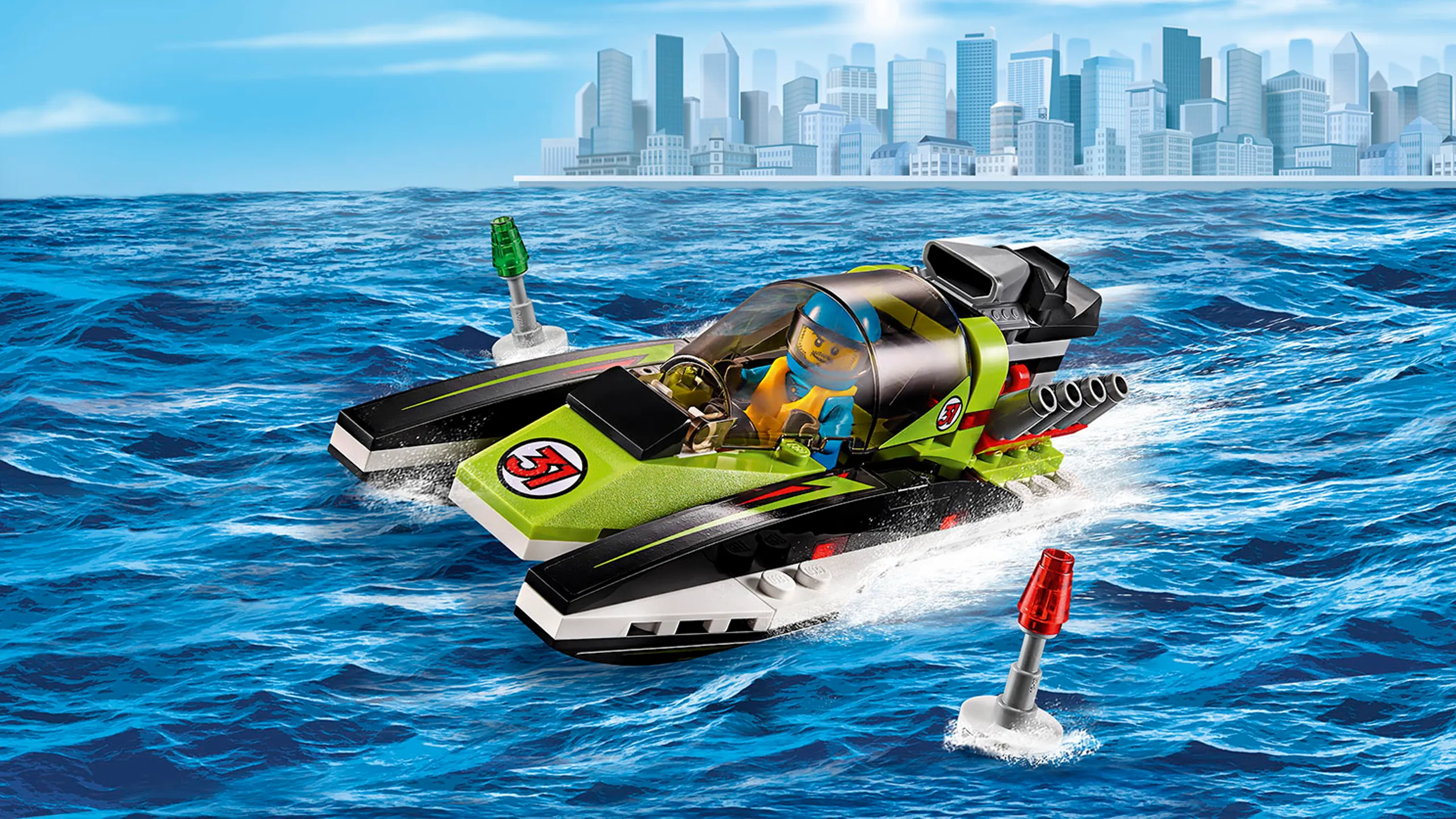 Superpojazdy LEGO City: zielona łódź wyścigowa — Łódź wyścigowa 60114