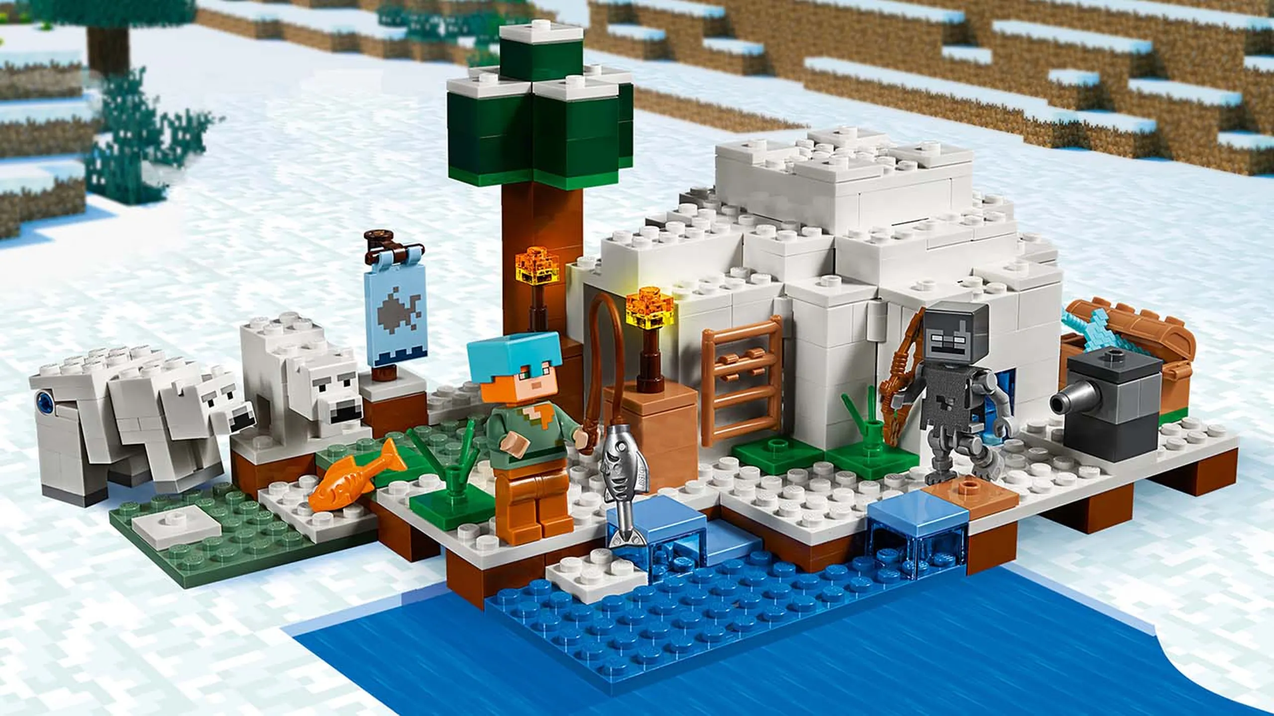 LEGO Minecraft - 21142 The Polar Igloo - Alex has discovered an igloo where a polar bear and baby polar bear are! This awesome base has a redstone torch, cozy bed, crafting table and a furnace and Alex pulls out his fishing rod to catch dinner.