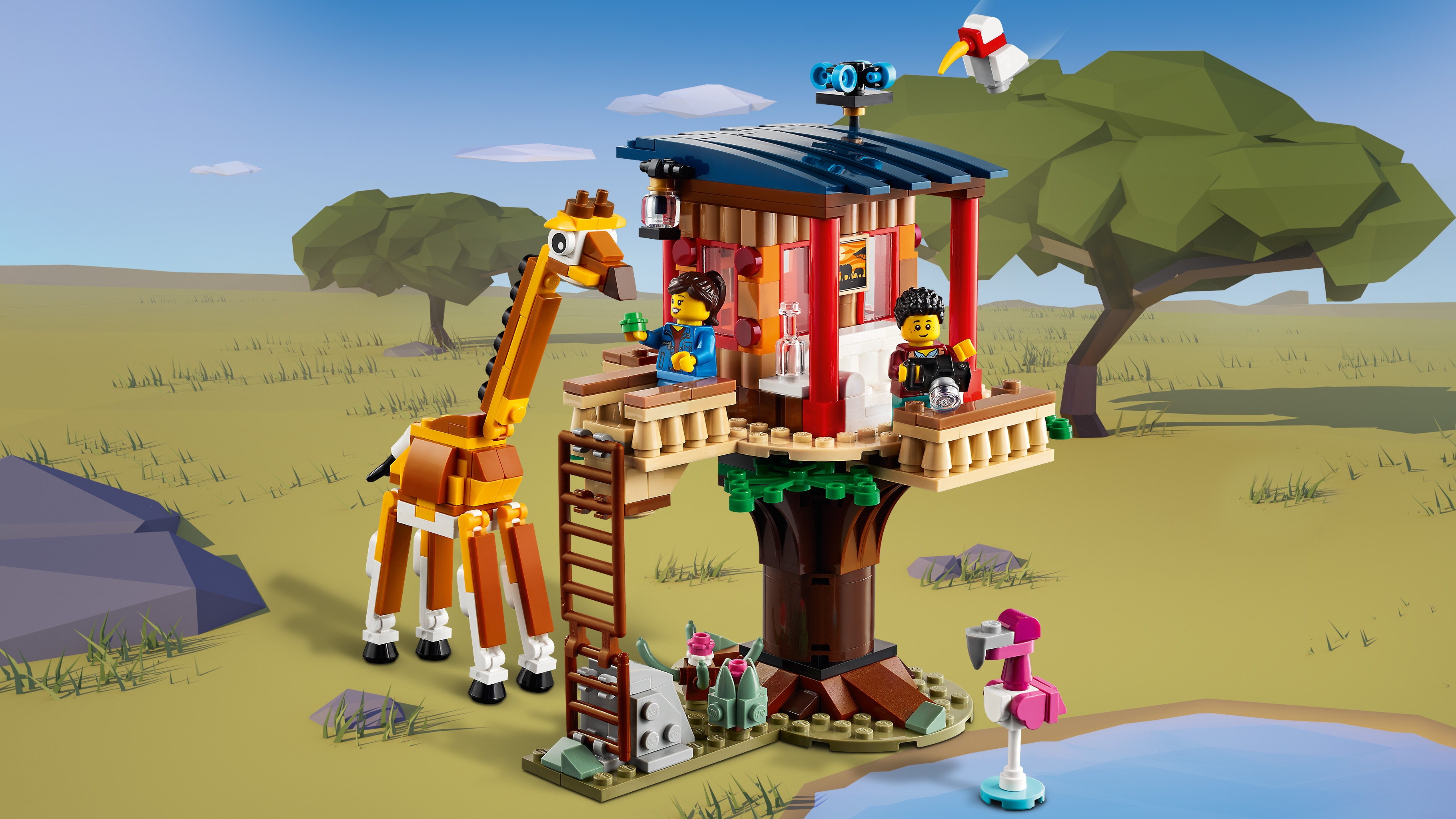 LEGO 31116 Creator 3 in 1 Casa sull’Albero del Safari, Catamarano, Biplano,  Kit di Costruzione con Nave, Aereo, Giraffa e Leone, Giochi per Bambini da