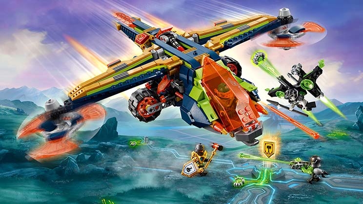 LEGO® NEXO KNIGHTS™ Aaron's X-bow – 72005 – Swoop in on VanByter No. 307 and the CyberByter with Aaron’s X-bow fire the flick missiles and fly in low to drop off Robin’s Knight Raider. Includes 3 scannable shields for the NEXO Powers 