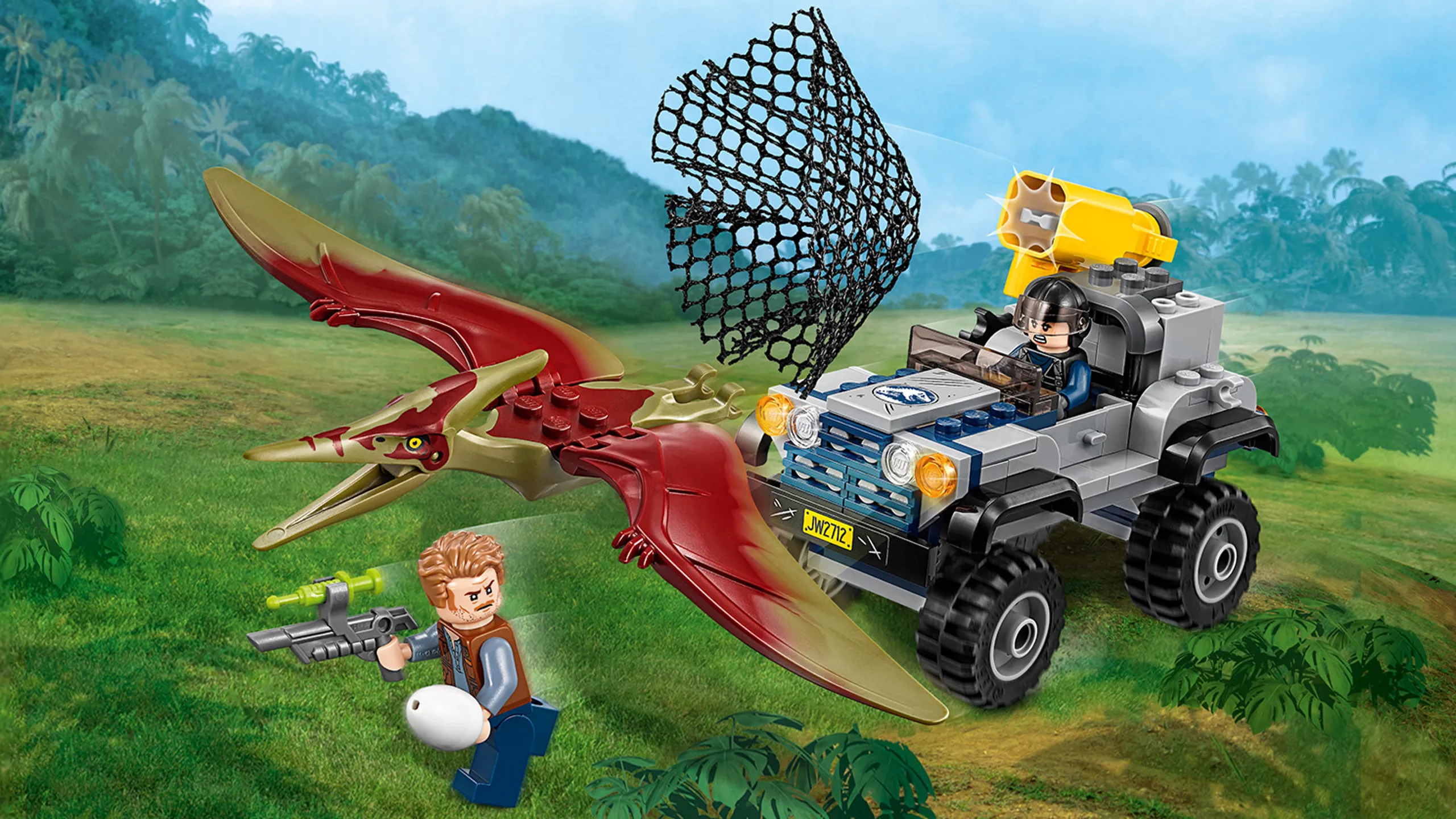 LEGO Jurassic World - 75926 Pteranodon Chase - Shoot with a big net from a buggy at the flying dinosaur to catch it so Owen can get away with the dinosaur egg.
