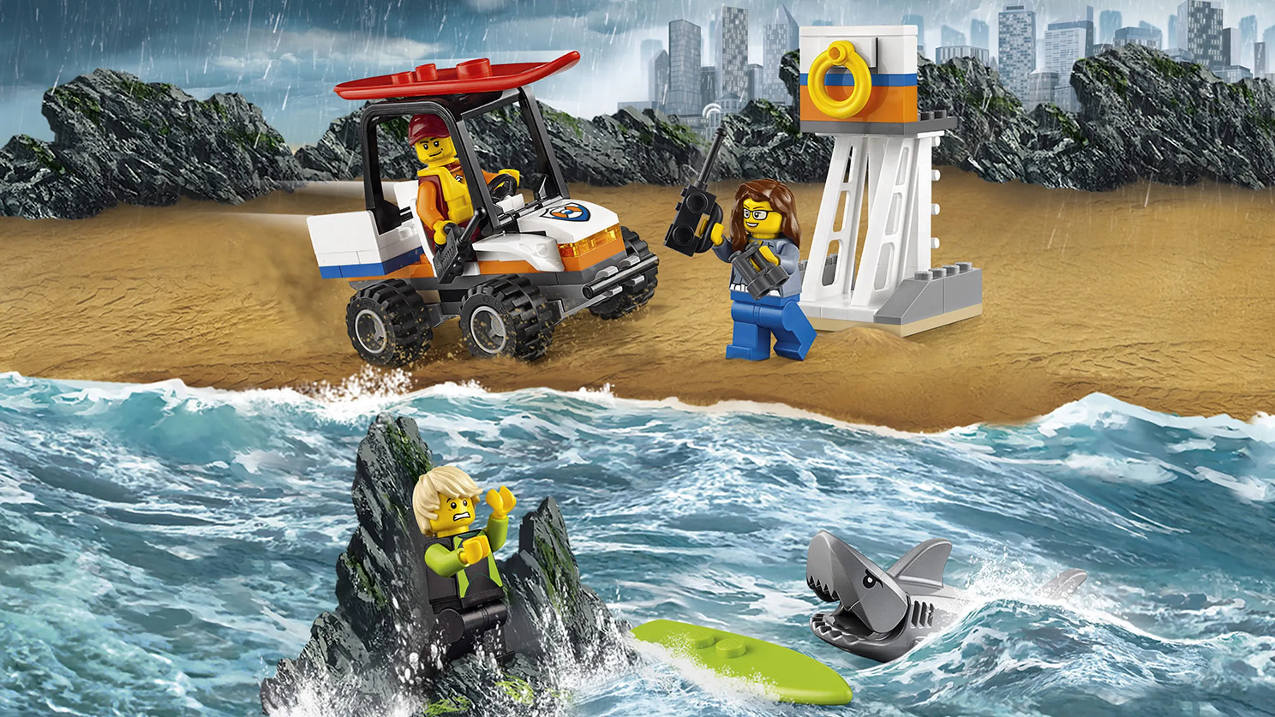 LEGO City Coast Guard - 60163 Coast Guard Starter Set - The stranded surfer is attacked by a shark! Race to the beach in the buggy, grab the surfboard and rescue the surfer.