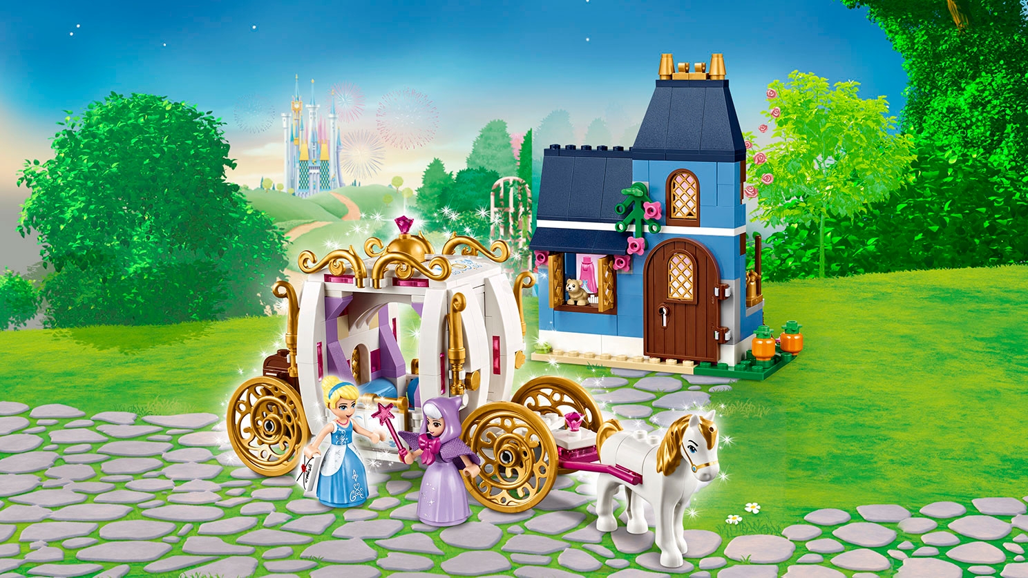 LEGO Disney - 41146 Cinderella's Enchanted Evening - Cinderella has cleaned the house and the Fairy Godmother has a magical horse-drawn carriage and beautiful dress ready for Cinderella so she can go to the ball.