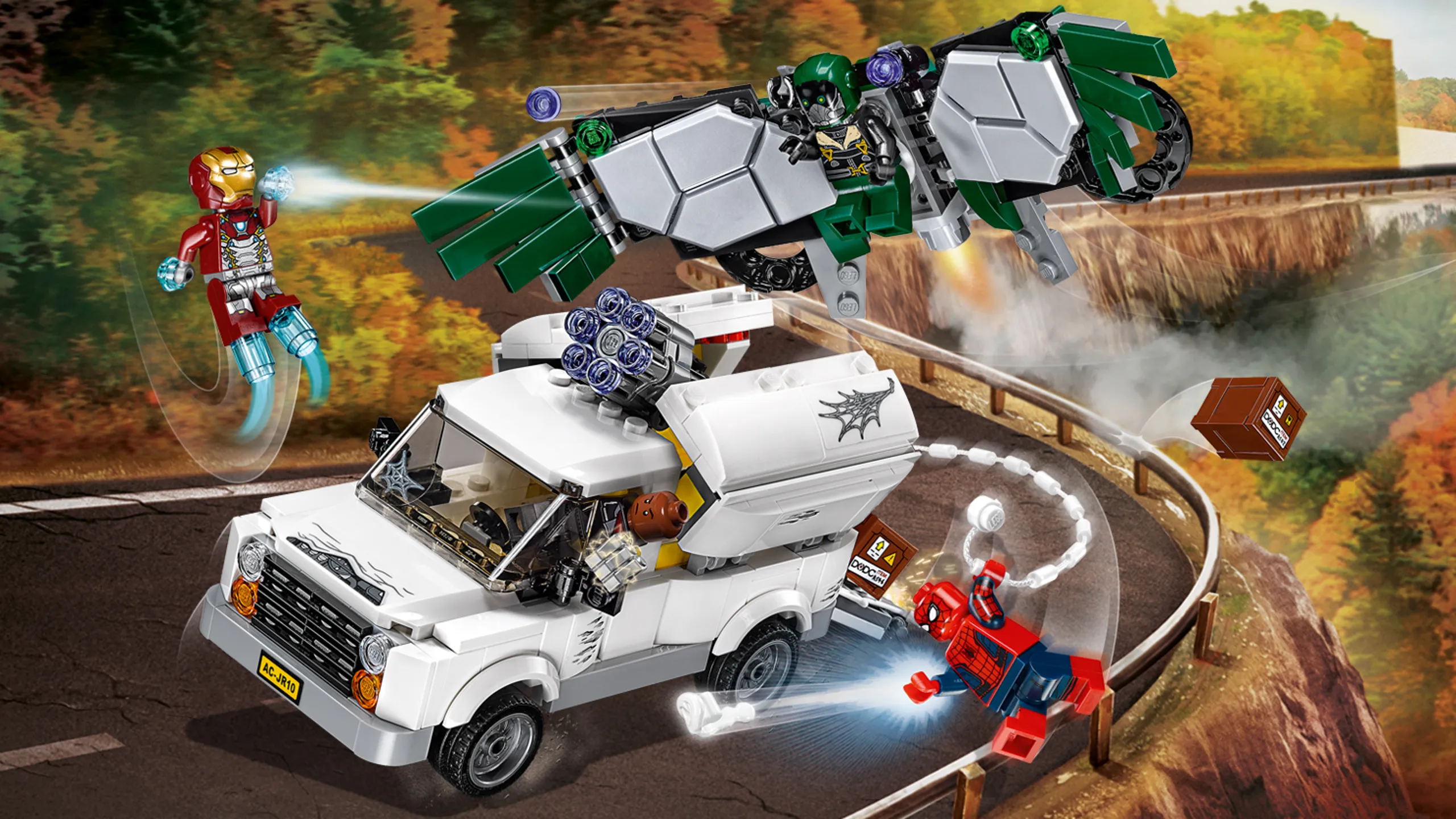 LEGO Super Heroes - 76083 Beware the Vulture - The Shocker and Vulture is driving away with a tech egg and Iron Man and Spider-Man tries to stop them with power blasts and a web-string.