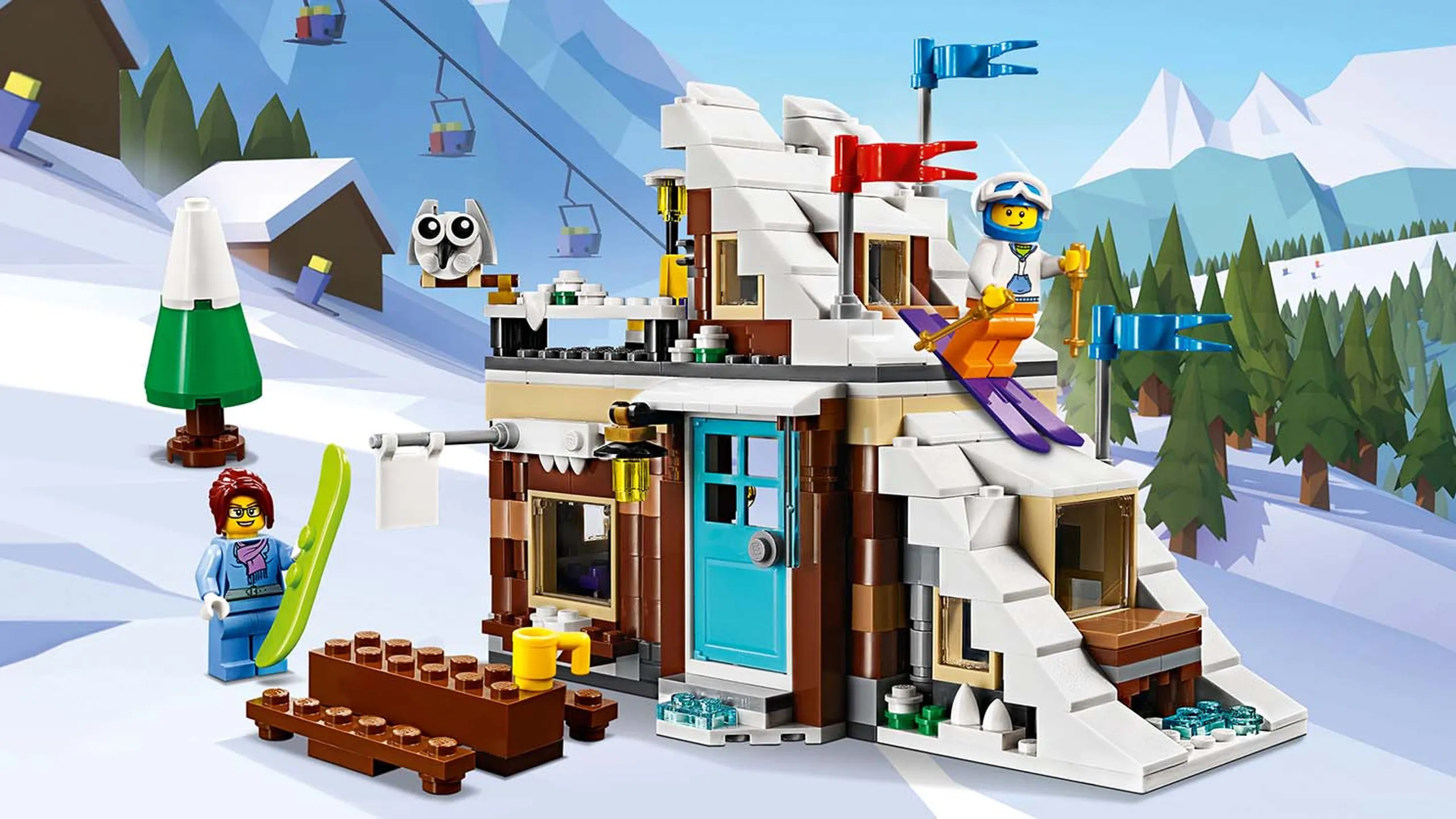 LEGO Creator 3-in-1 Modular Winter Vacation - 31080 - A man is skiing down a cozy ski cabin's roof.