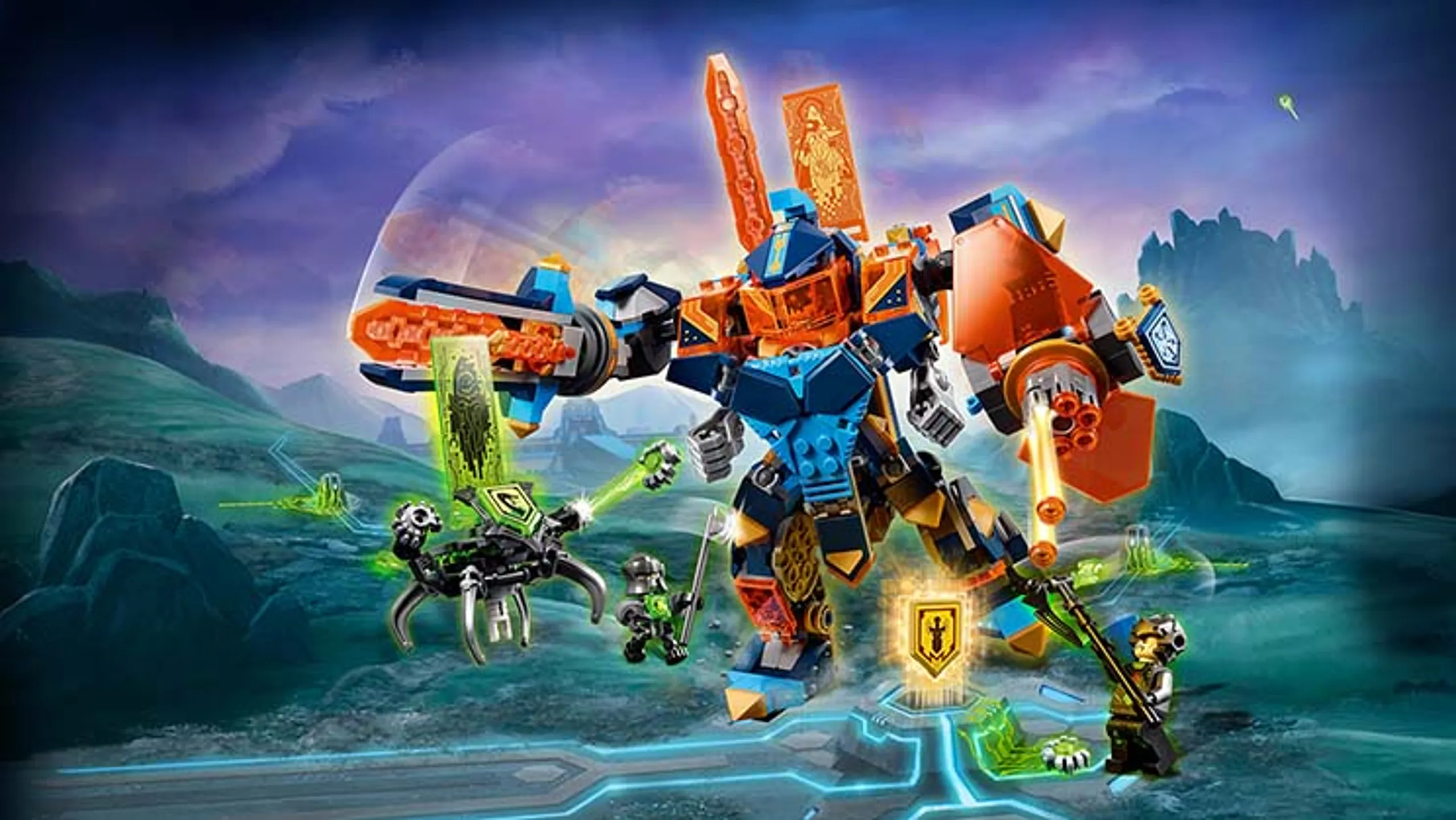 LEGO® NEXO KNIGHTS™ Tech Wizard Showdown – 72004 – Catch Monstrox before he destroys Clay’s mech battle suit with its giant sword. Includes 3 scannable shields for the NEXO Powers 
